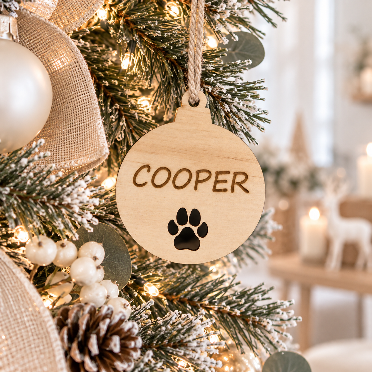 Personalised wooden pet Christmas bauble engraved with the name Cooper and paw print, hanging on a light modern Christmas tree with neutral festive decorations.