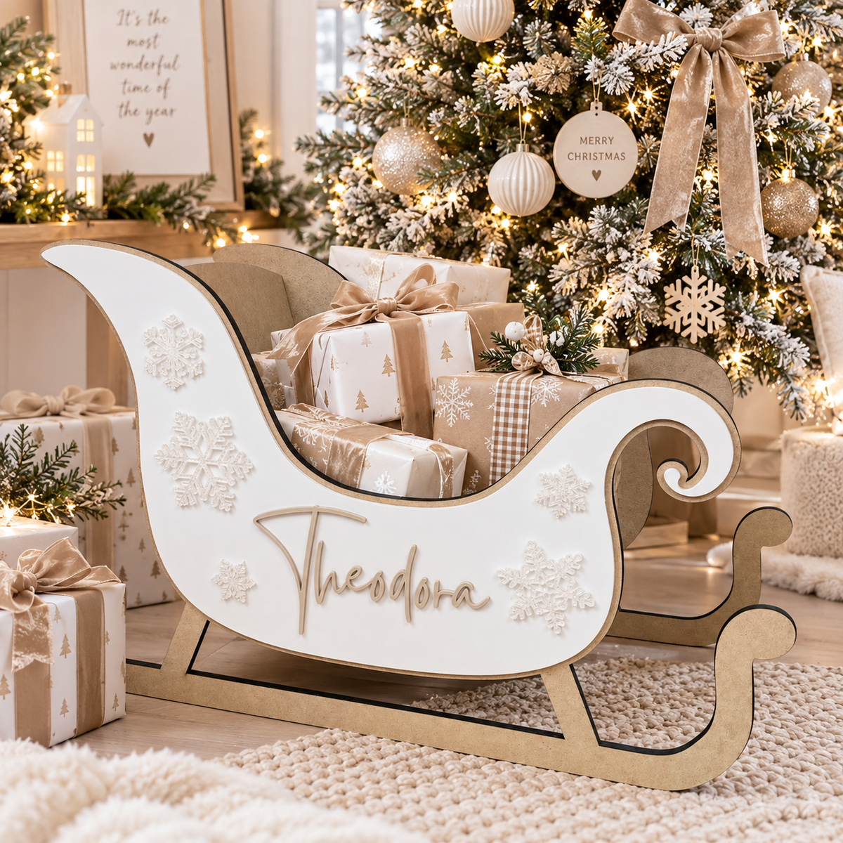 Personalised wooden Christmas sleigh with the name Theodora and snowflake details, filled with presents under a light modern Christmas tree.