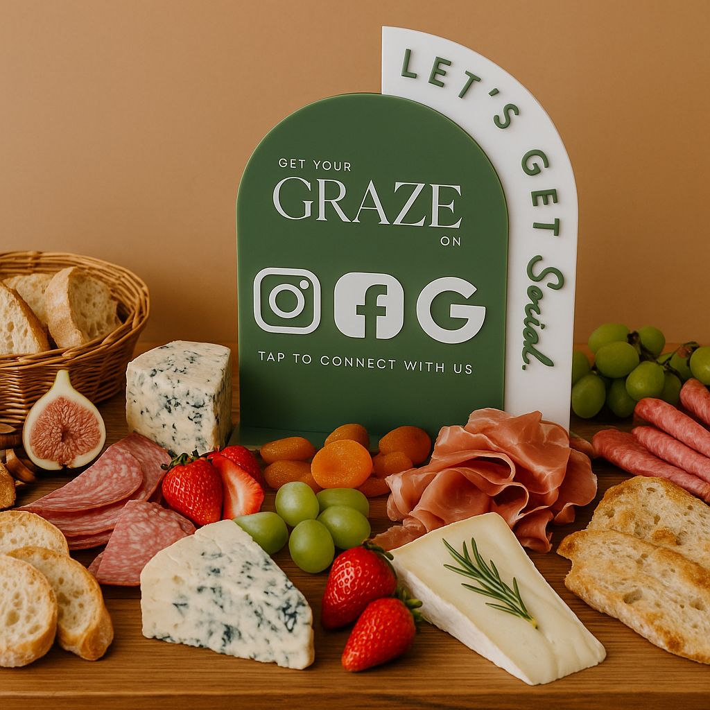 NFC social stand on grazing table with charcuterie, cheese, and fruit