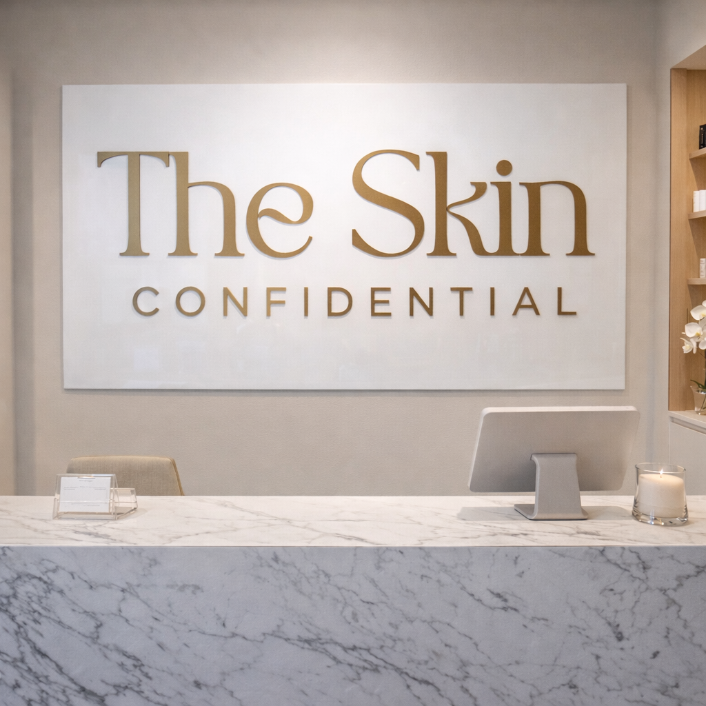 Square acrylic salon reception sign featuring raised gold lettering reading “The Skin Confidential” mounted behind a marble reception desk in a modern, neutral-toned skincare clinic interior, showcasing professional business signage for a beauty clinic.