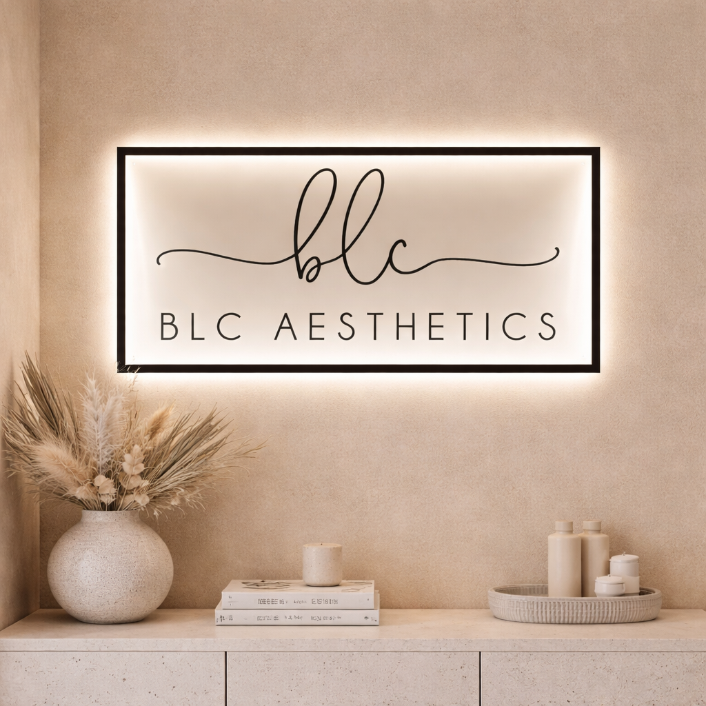 Square image of a beige aesthetic salon wall featuring a custom backlit acrylic business sign with black frame and warm LED glow, displaying the logo and text “BLC Aesthetics,” styled above a minimalist stone console with neutral decor for a modern beauty clinic reception.