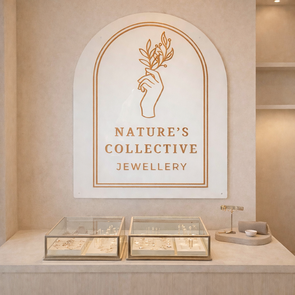 Arched acrylic business sign for a jewellery store, featuring a white gloss finish with gold line artwork and lettering reading “Nature’s Collective Jewellery,” mounted on a boutique wall as premium retail signage.