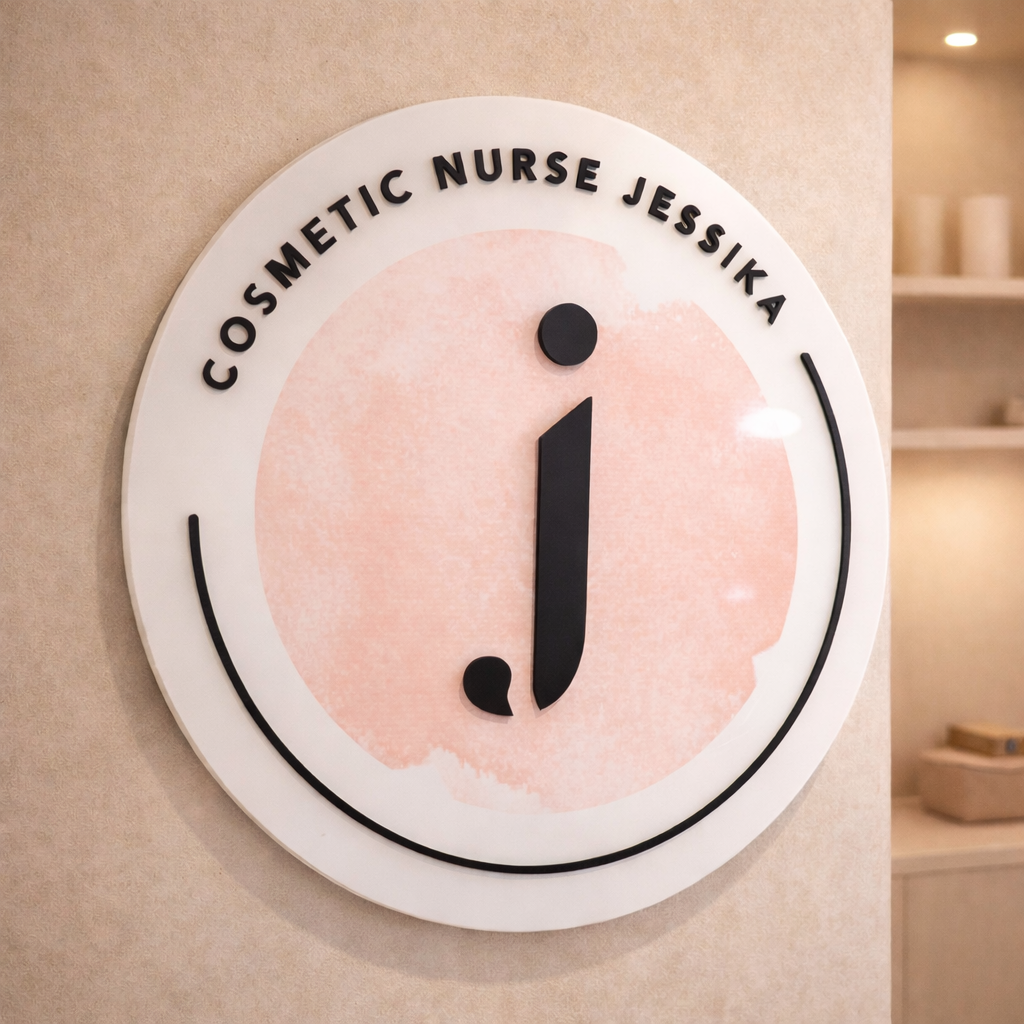 Round 3D acrylic business sign with UV printed artwork for a cosmetic nurse studio, featuring raised black lettering reading “Cosmetic Nurse Jessika” and a blush pink centre with a dimensional black initial, mounted on a beige clinic wall for premium aesthetic signage.