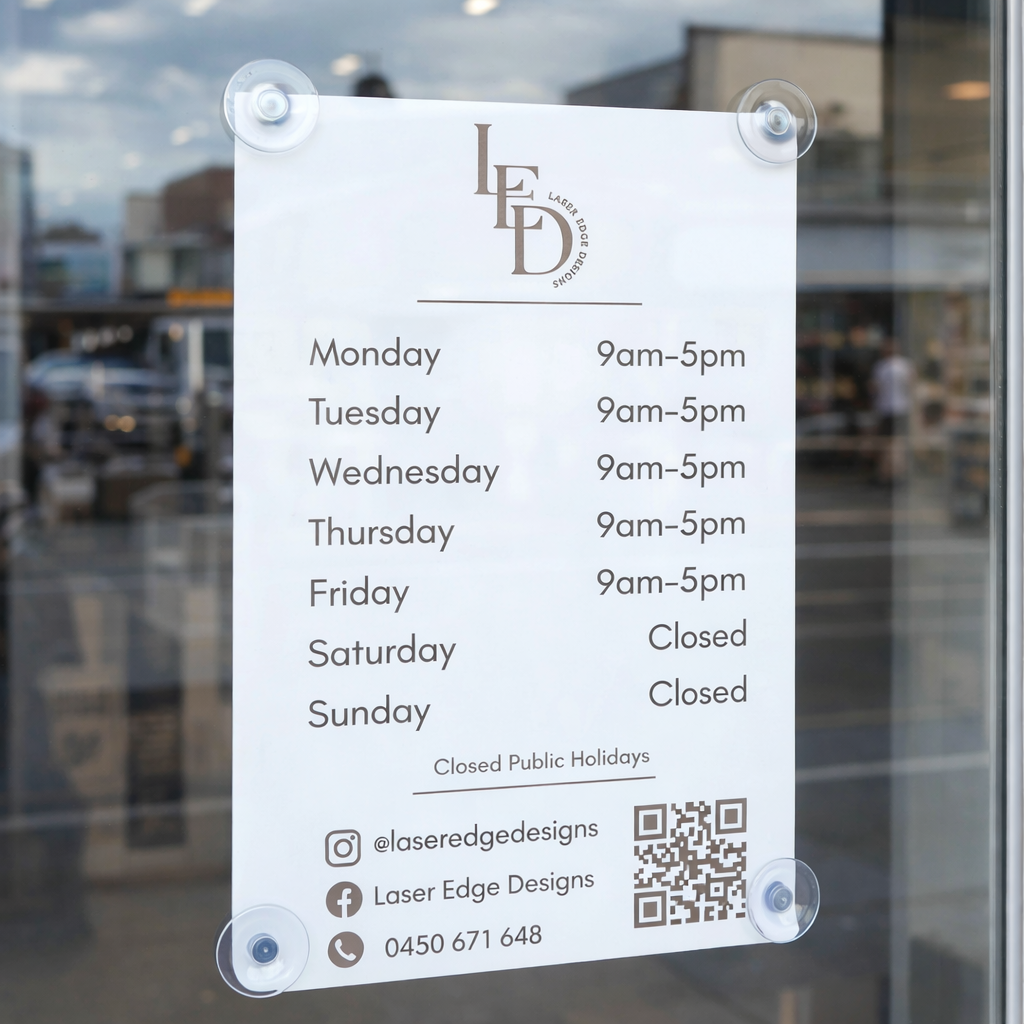 Business opening hours acrylic sign mounted on shop window with clear suction cups, white acrylic storefront signage displaying trading hours, contact details and QR code for Australian retail business.