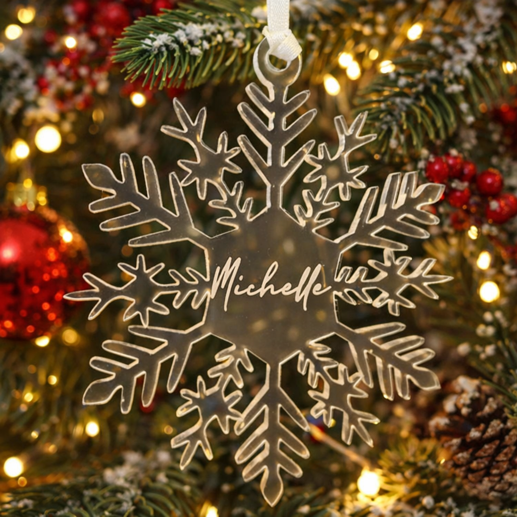 Personalised acrylic snowflake Christmas ornament with name engraving hanging on decorated Christmas tree