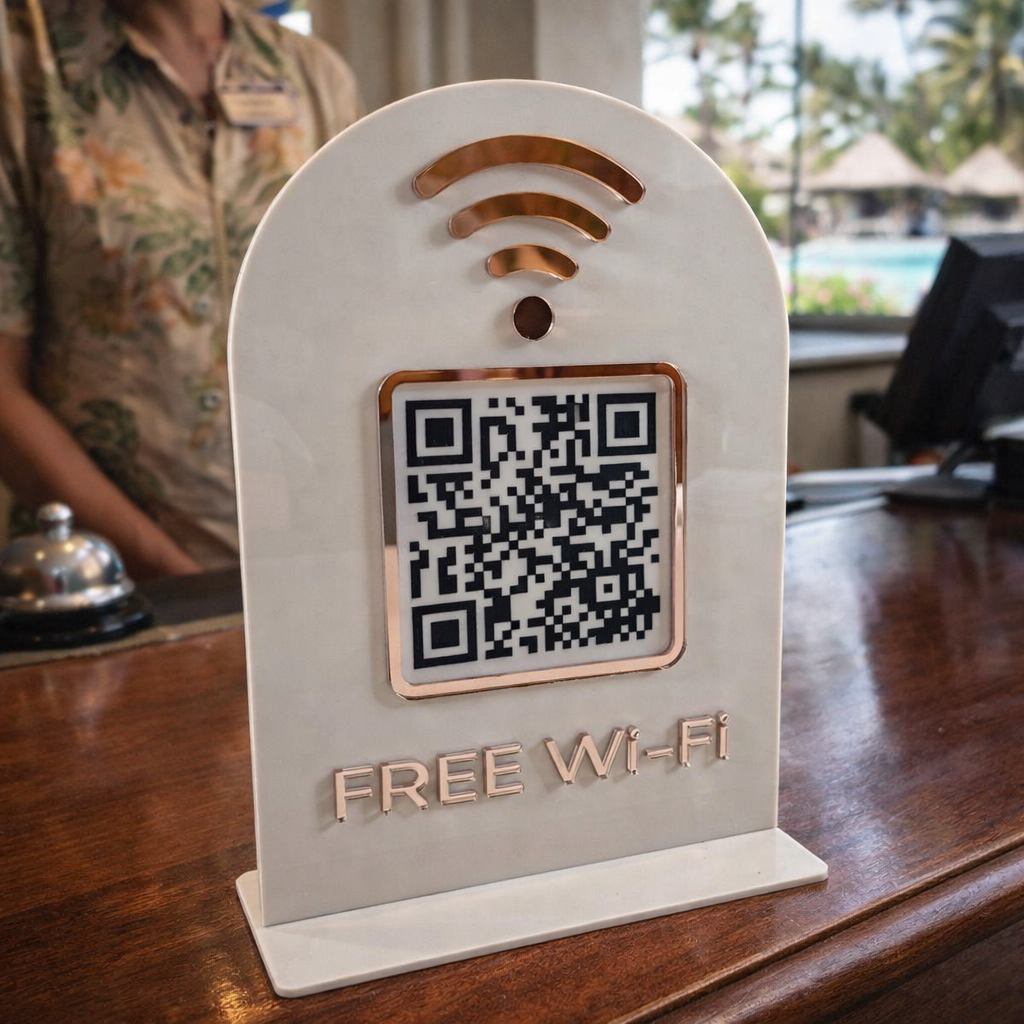 Acrylic free WiFi QR code stand with NFC symbol, freestanding counter sign for cafes, hotels and reception desks