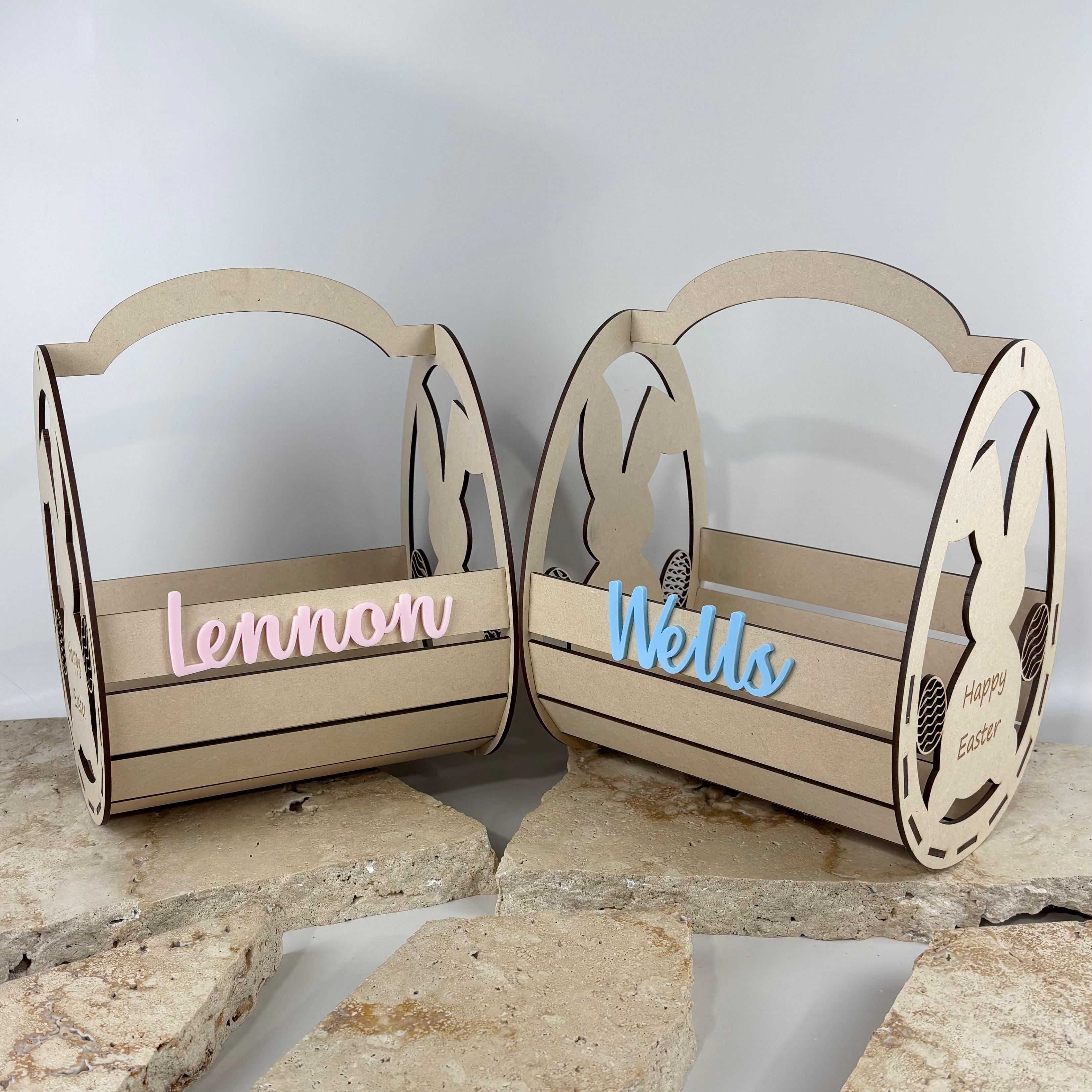 Personalised Easter baskets Lennon and Wells, custom name MDF Easter crates with bunny cutout design, kids Easter baskets Australia, wooden Easter hampers with handles, reusable Easter egg hunt baskets, neutral Easter decor, personalised Easter gift baskets for siblings