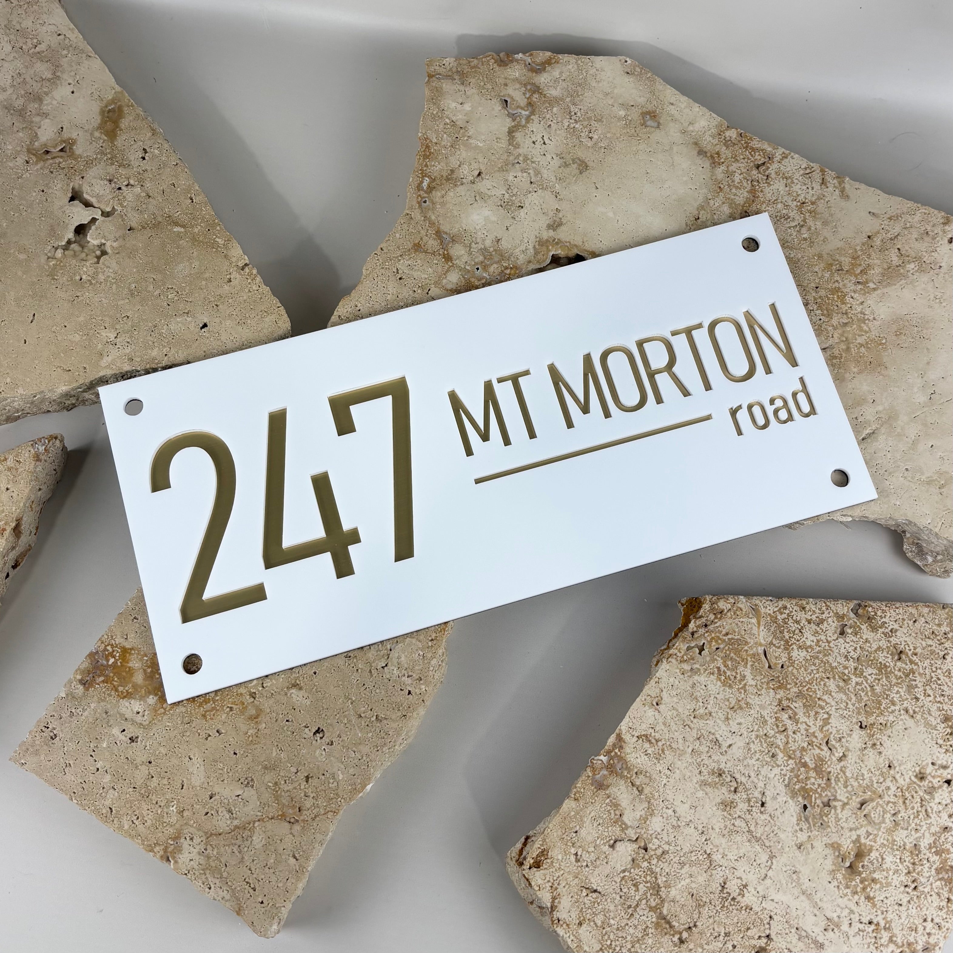 Custom acrylic house number sign 247 Mt Morton Road, white UV printed address plaque with gold lettering, modern rectangular property sign with mounting holes, outdoor durable house signage Australia, personalised street number sign, sleek minimal home address plate for exterior wall or letterbox