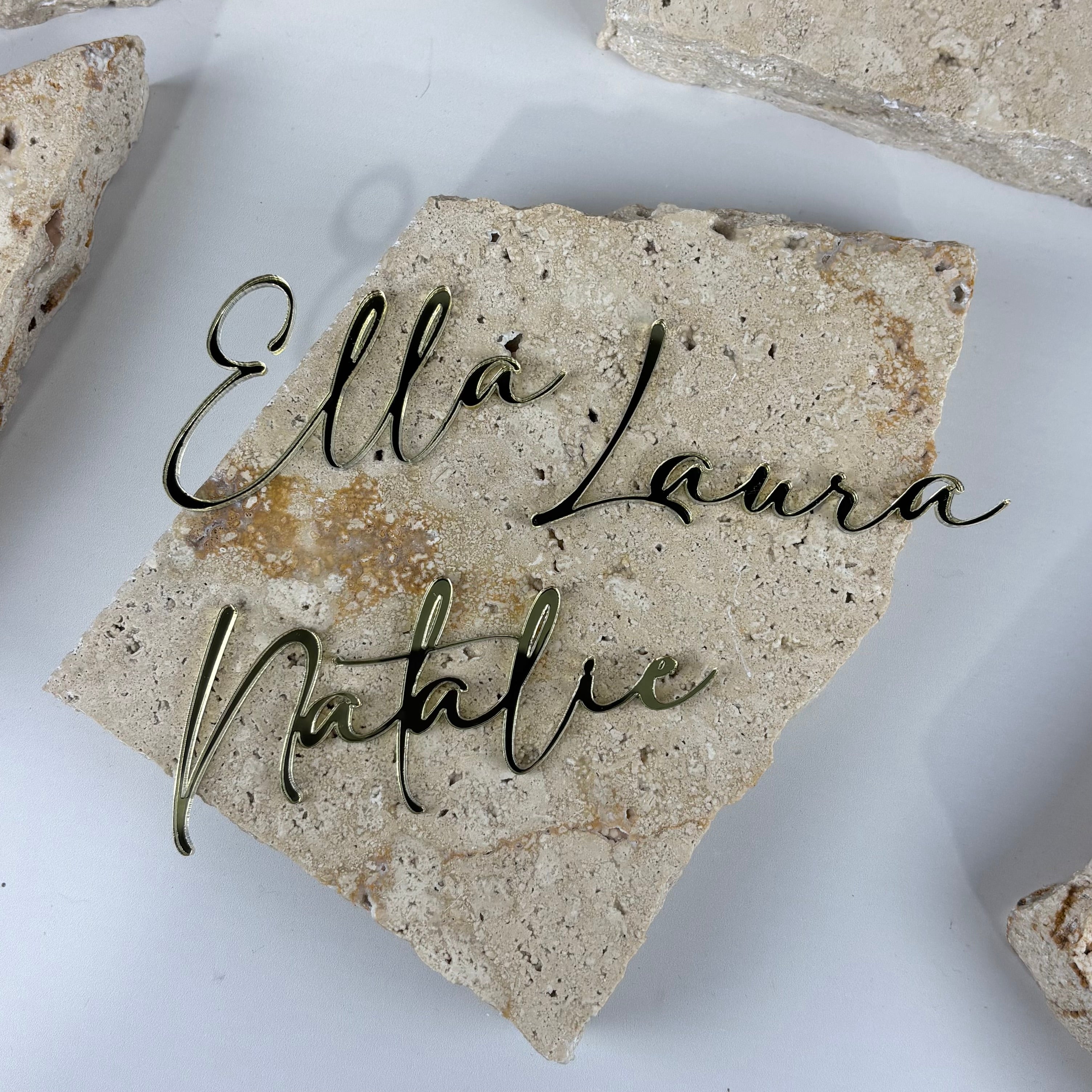 Personalised acrylic name place cards, mirror gold script place names for weddings and events, custom laser cut name settings Australia, elegant table name cards for wedding reception, reusable acrylic name tags Ella Laura Natalie, modern calligraphy place cards for event styling