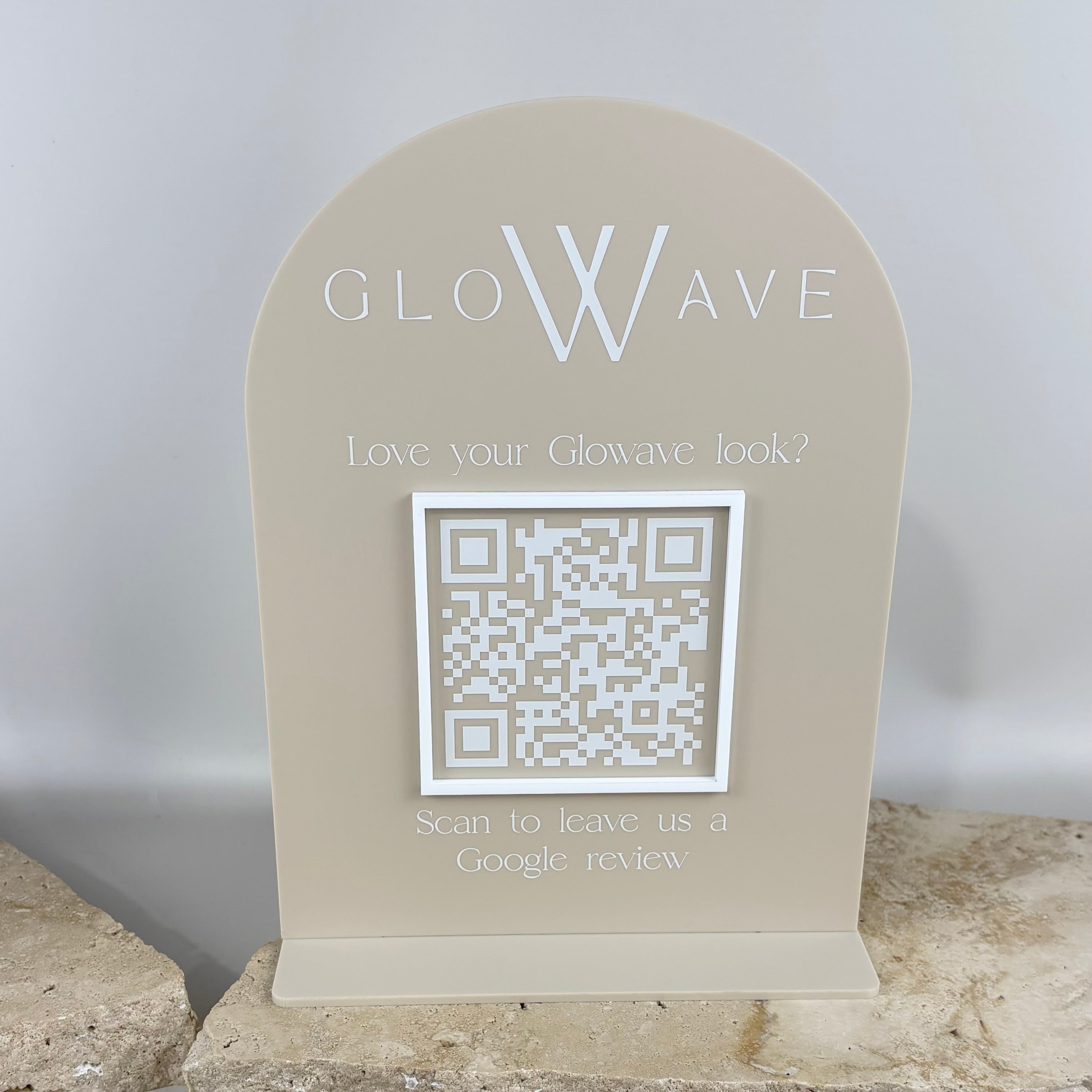 Custom acrylic QR code sign for business, Google review stand with logo Glowave, scan to review display sign for salons, NFC and QR marketing signage Australia, modern neutral reception desk sign, acrylic customer review sign with raised lettering, aesthetic business branding display for clinics and beauty salons 