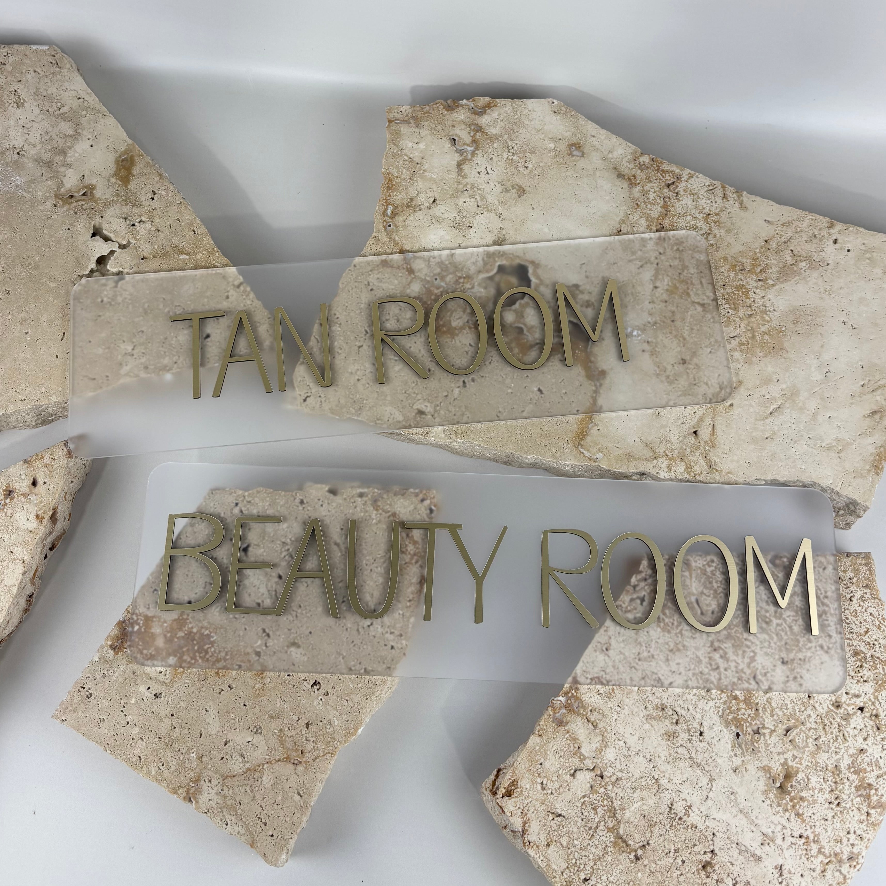 frosted acrylic room signs australia, custom beauty room and tan room signage with gold lettering, minimalist salon door signs for treatment rooms, modern clinic signage australia