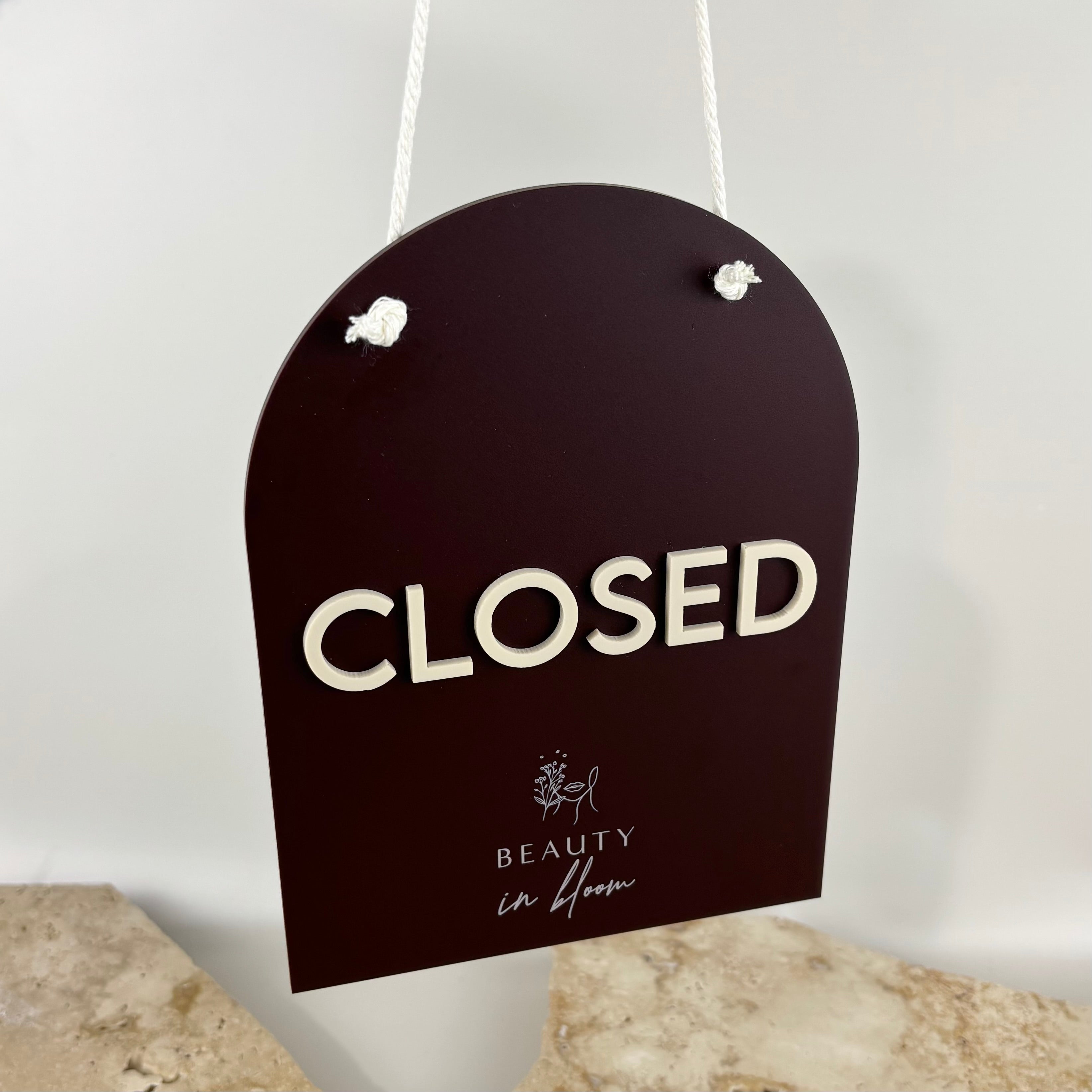 custom acrylic closed sign australia, dark brown salon closed door sign with raised white lettering, personalised business opening hours sign with rope hanger for storefront