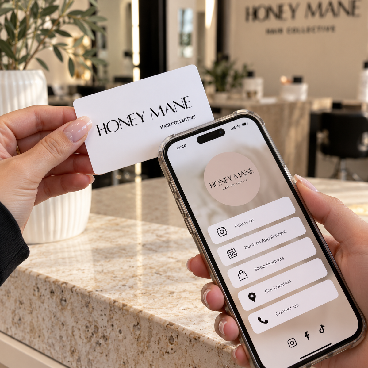 Custom Honey Mane NFC business card being tapped on a smartphone to instantly connect customers with salon contact details, bookings and social media.