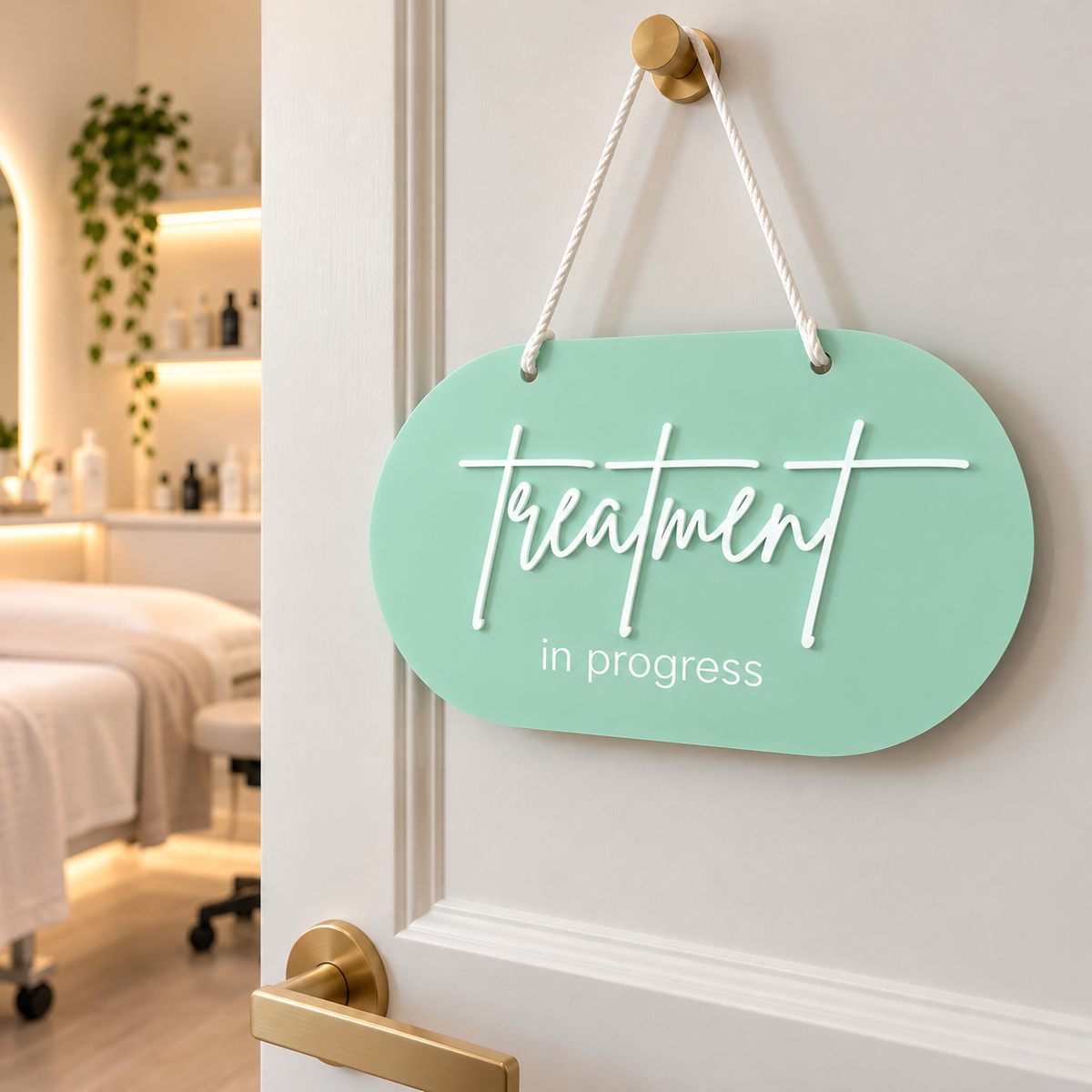 Mint green acrylic treatment in progress sign with raised white lettering, hanging on an interior salon treatment room door.