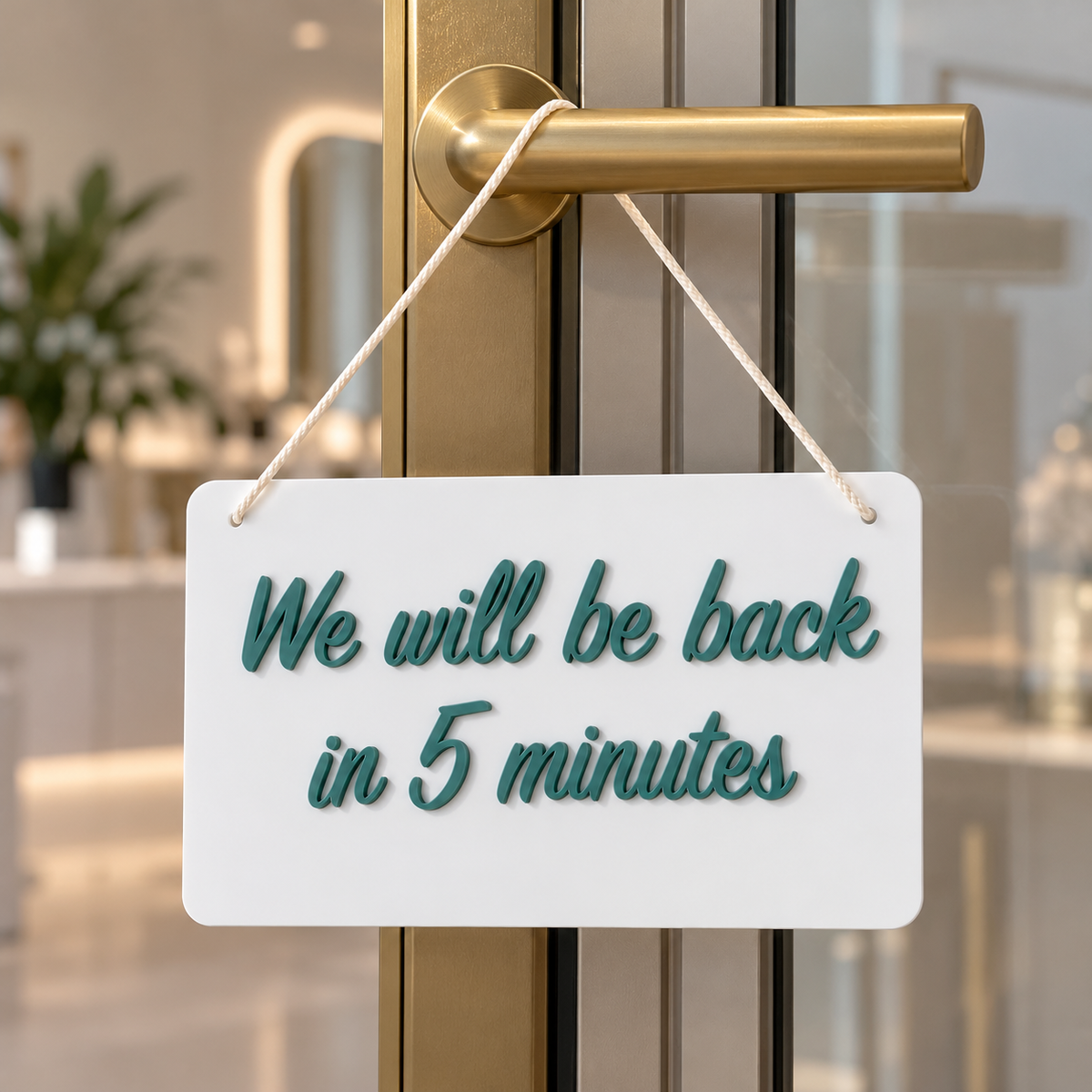 Custom white acrylic “We will be back in 5 minutes” sign with raised teal lettering, hanging from a modern salon door handle.