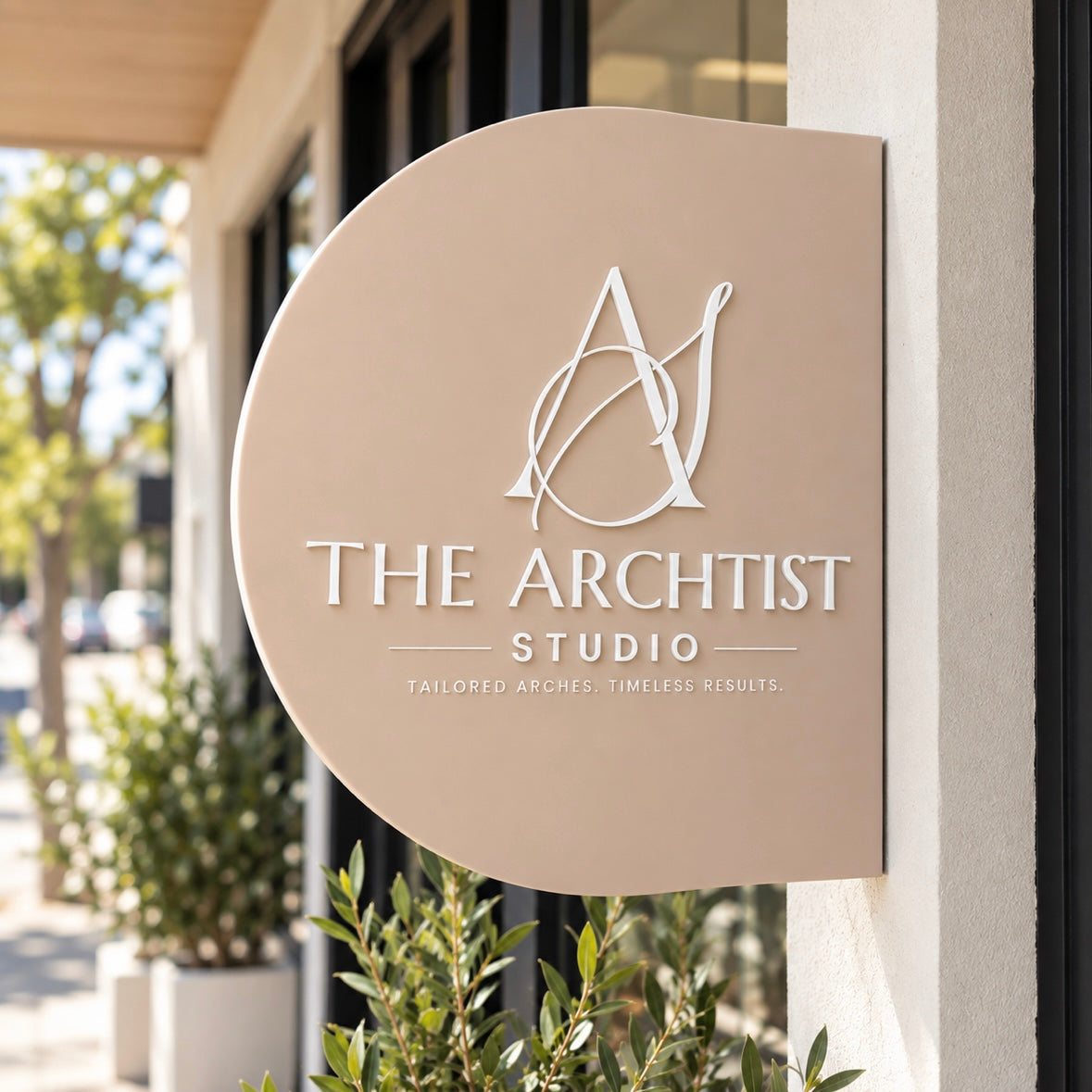 Custom blush acrylic blade sign with white 3D lettering, mounted outside a modern beauty salon storefront.