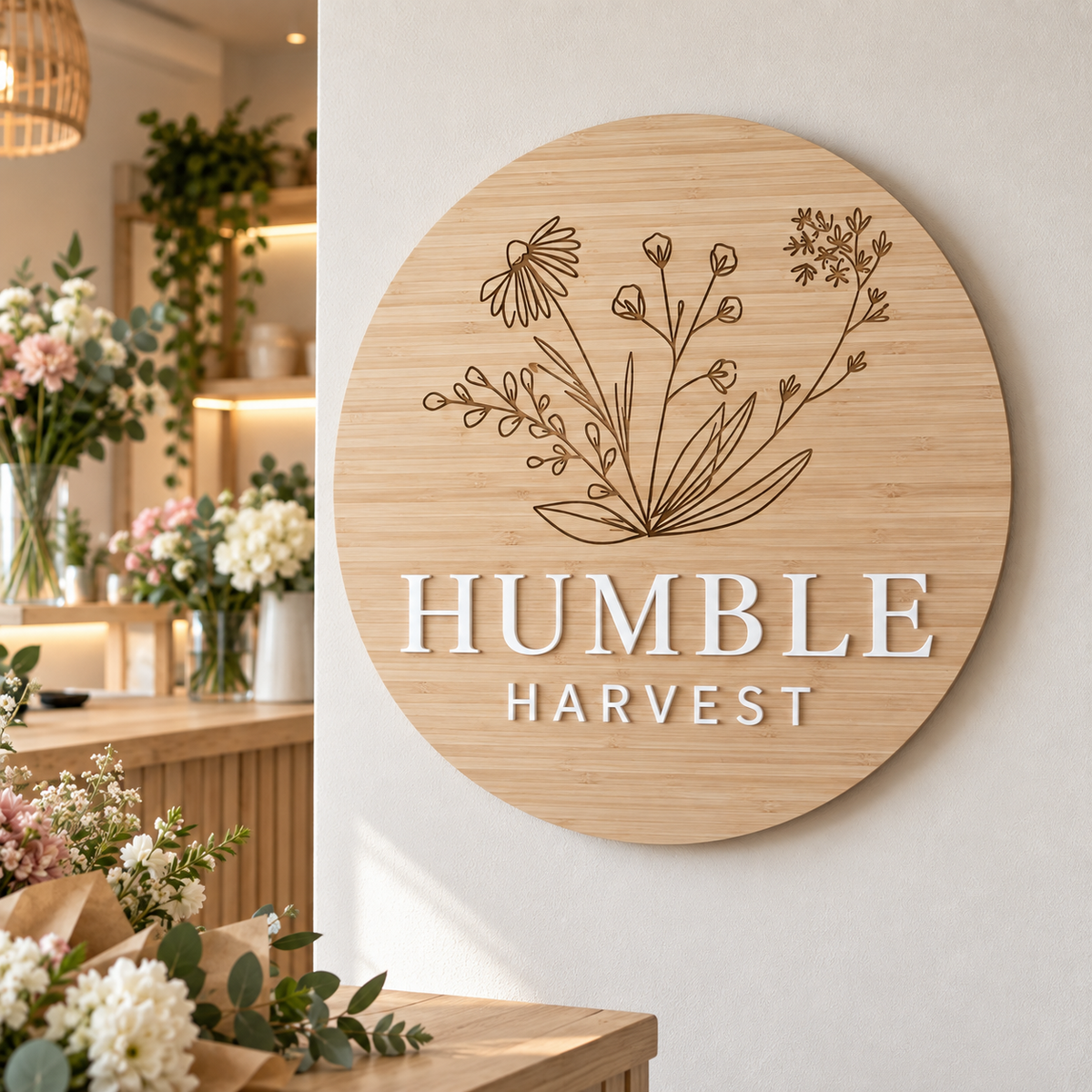 Custom round bamboo business sign with engraved floral design and raised white Humble Harvest lettering, displayed on a modern florist shop wall.
