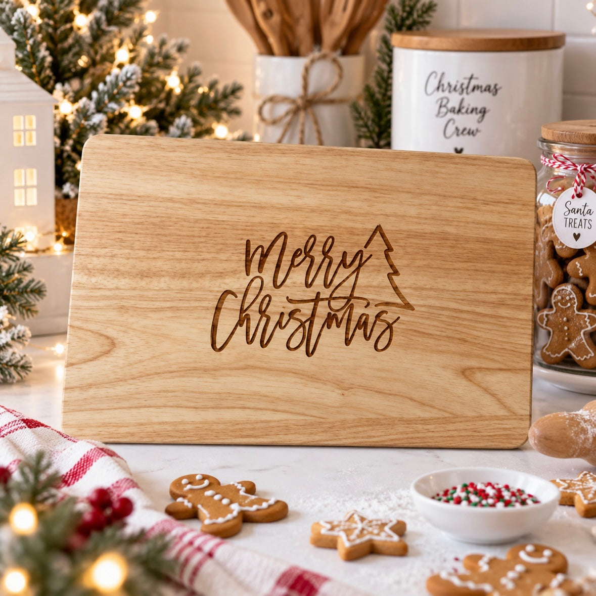 Engraved wooden Christmas chopping board with Merry Christmas design, displayed in a light modern Christmas kitchen with festive baking decorations and gingerbread cookies.