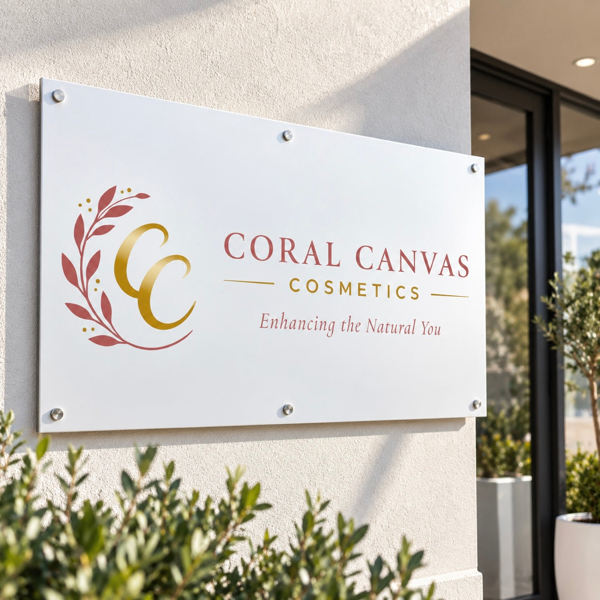 Custom outdoor aluminium business sign with Coral Canvas Cosmetics logo and branding, mounted on a modern exterior shop wall.