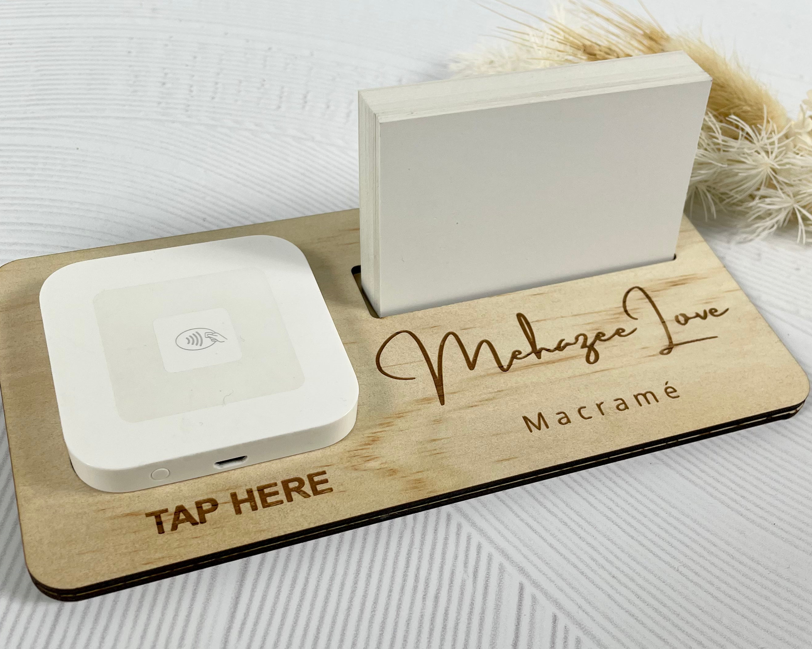 Engraved timber Square reader stand with card holder for shop counter