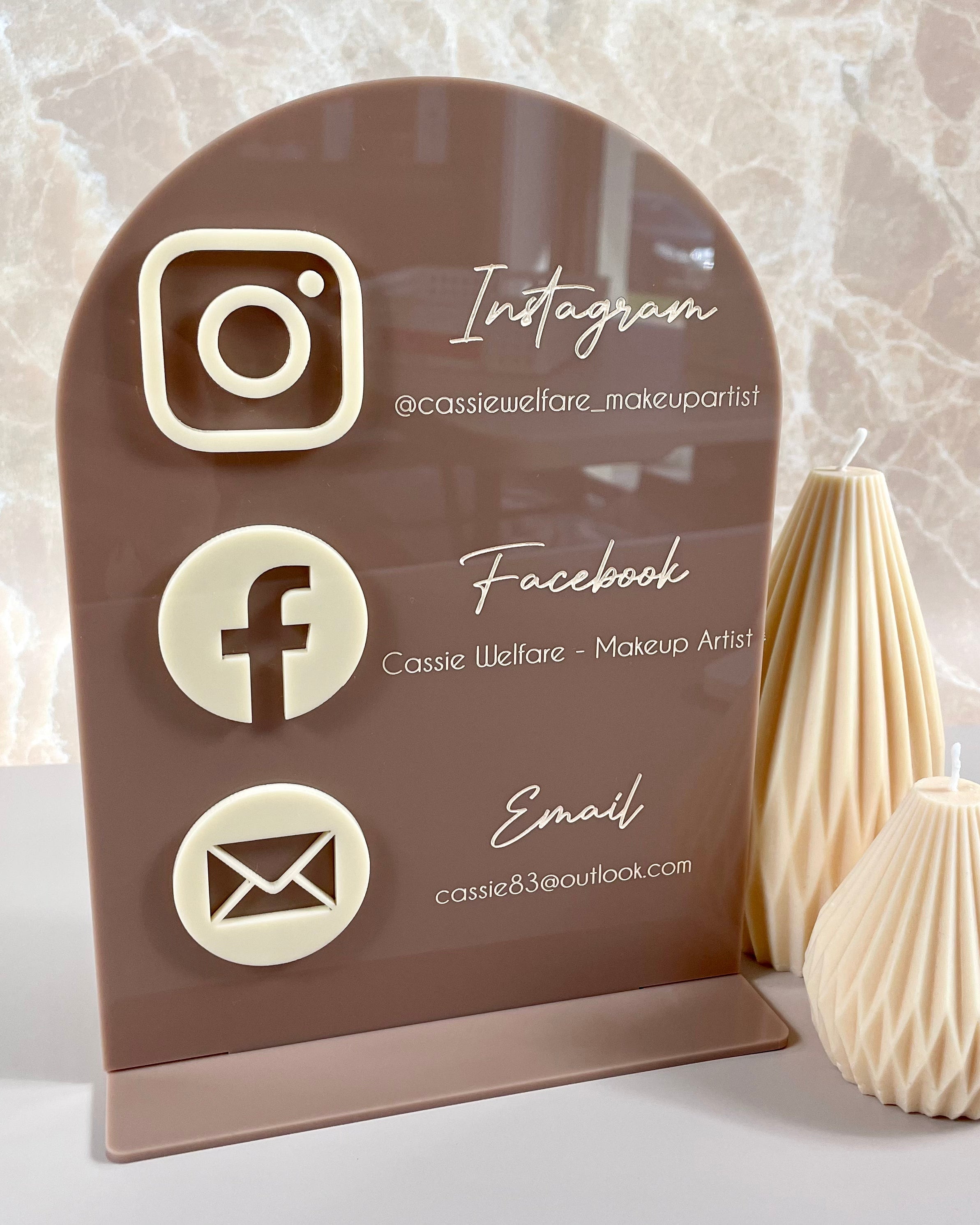 Custom acrylic stand with Instagram Facebook and email icons for small business