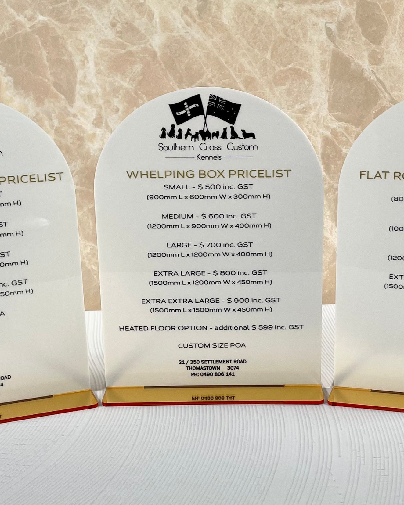 Restaurant or café tabletop menu in black and white acrylic with stand