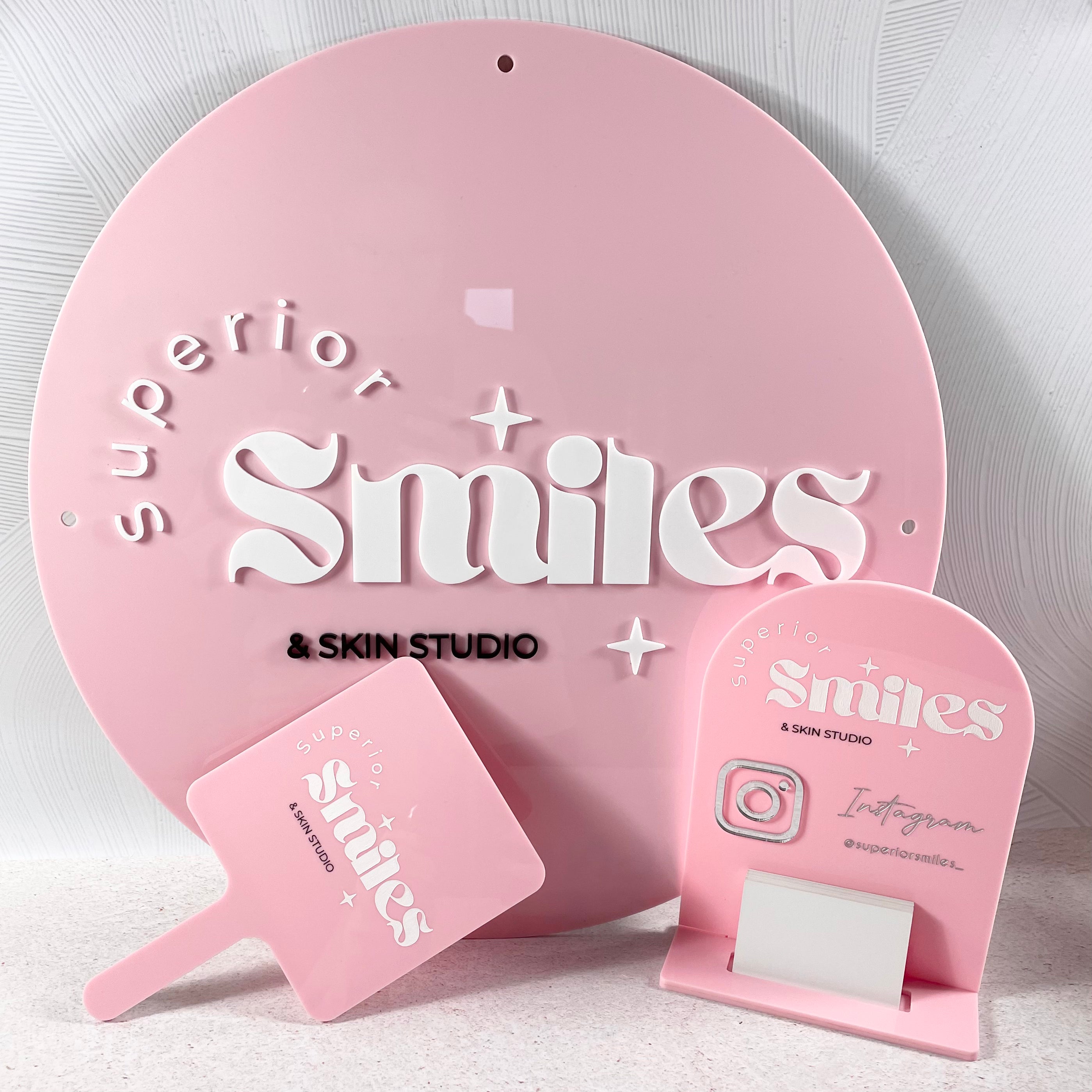 Superior Smiles pink round sign bundle for dental or beauty clinics