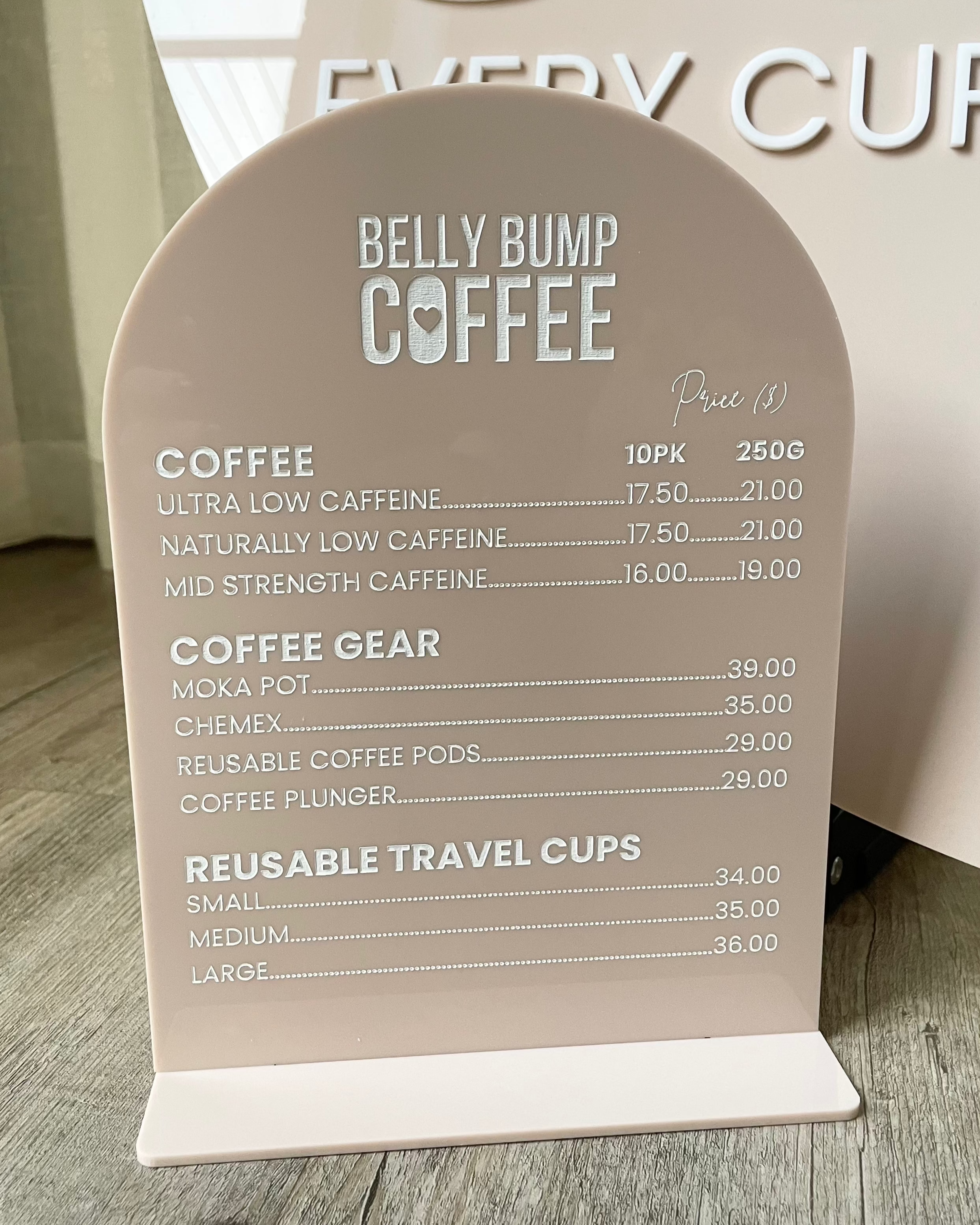 Laser engraved coffee shop menu sign in arched acrylic acrylic