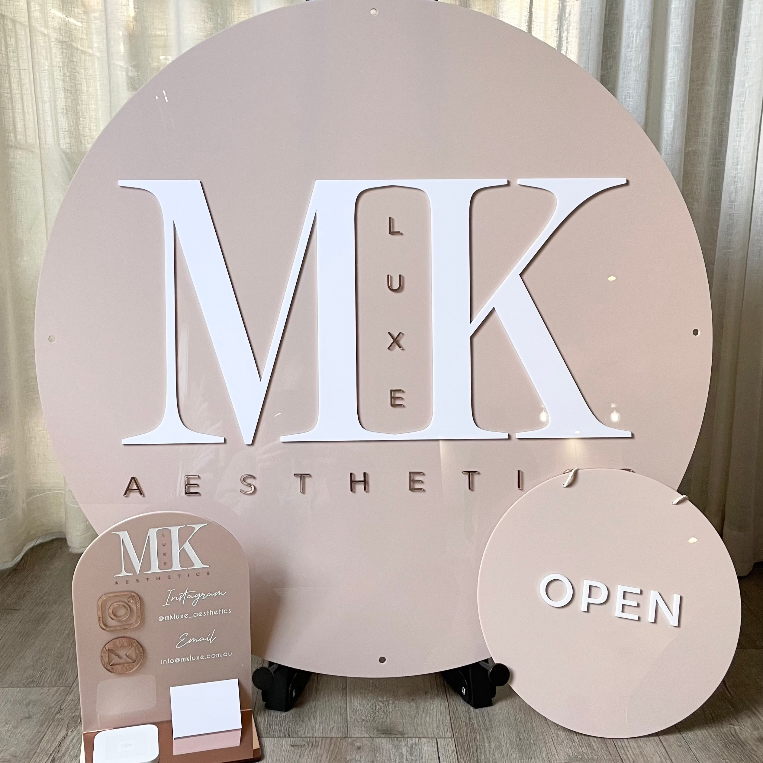 MK Aesthetics round acrylic sign set with open sign and accessories