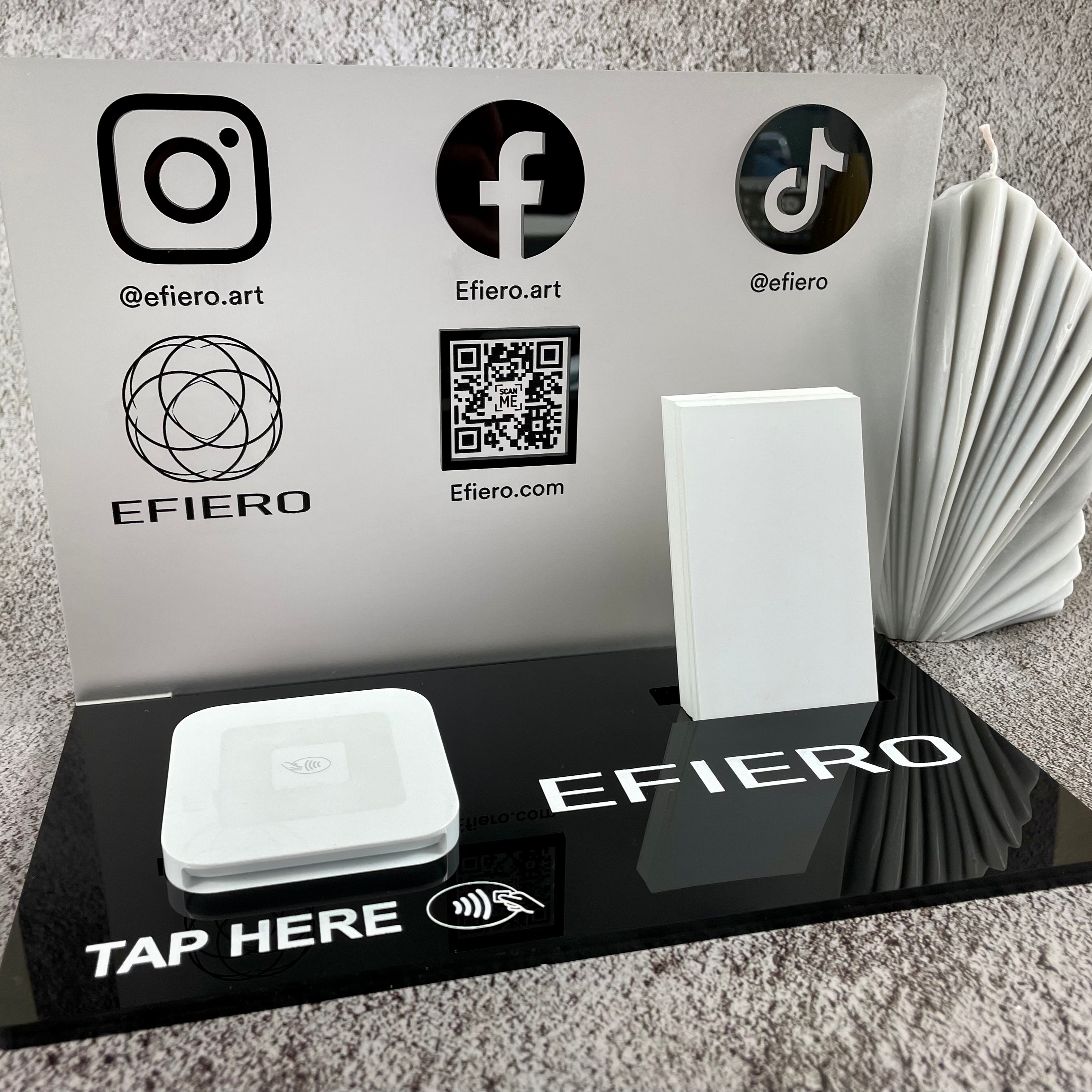 Black acrylic Square reader station with Instagram, Facebook and TikTok icons