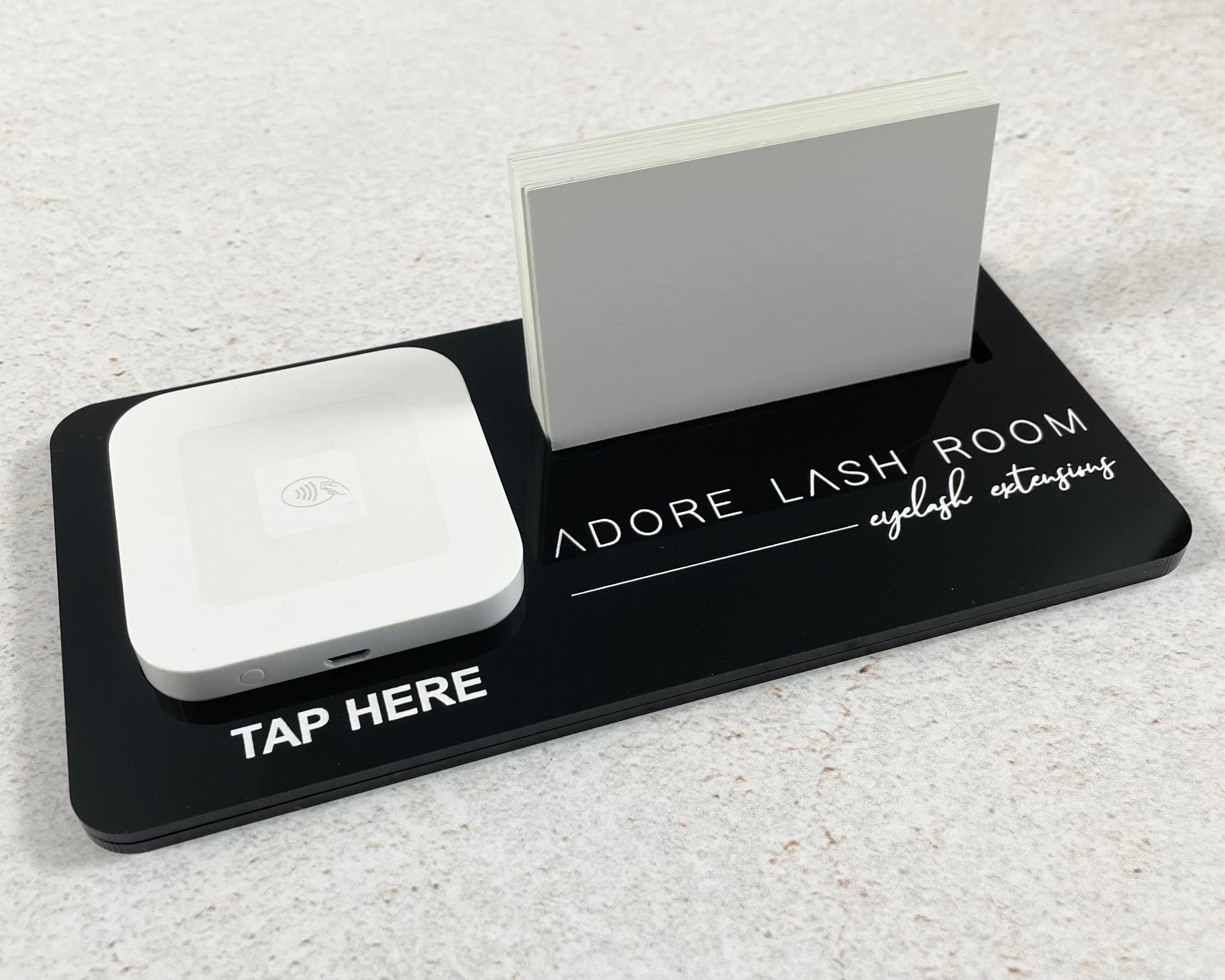 Black acrylic Square reader stand with personalised branding