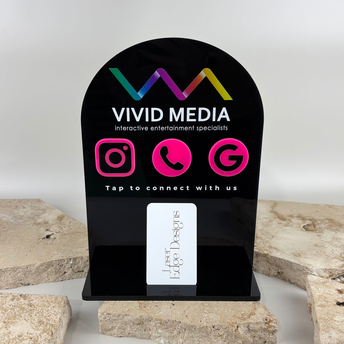 Custom NFC business social media stand with Instagram, phone and Google tap points, personalised branding and built-in business card holder for reception desks, retail counters and events.
