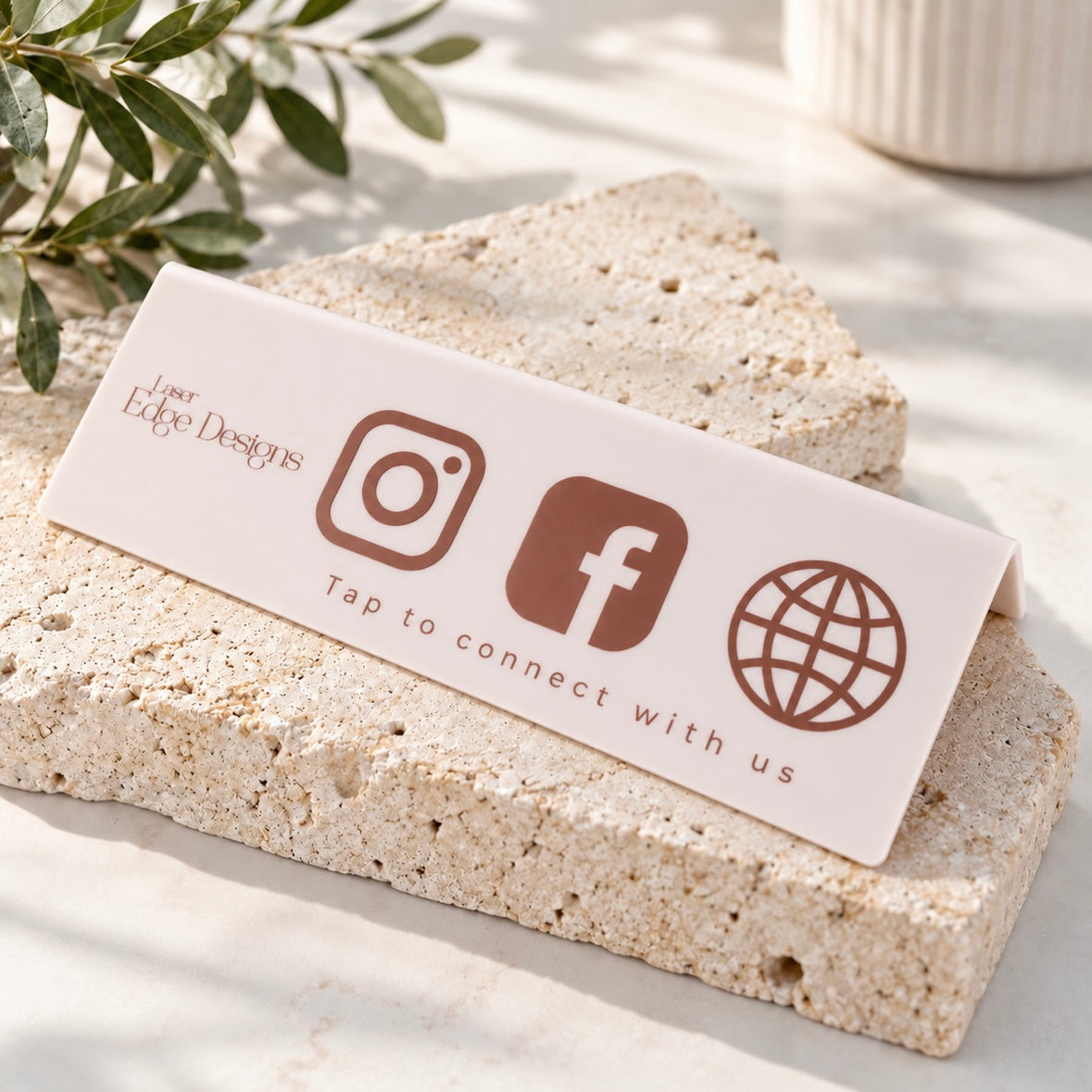 Custom acrylic social media counter sign with Instagram, Facebook and website icons, personalised business branding and a short bent base.