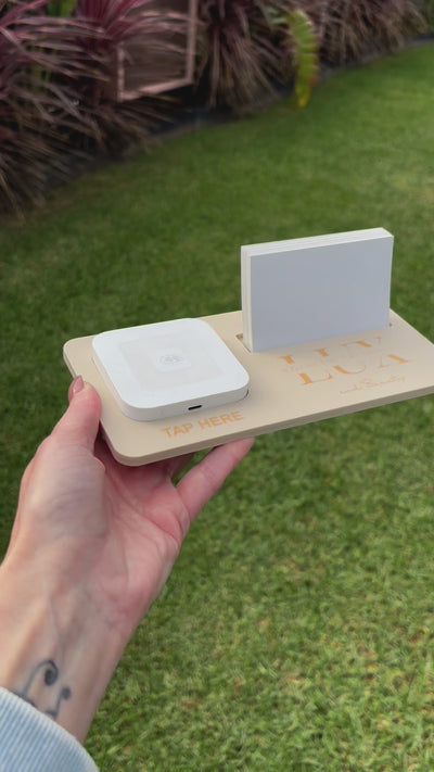 Personalised Square reader holder with business card display for small businesses. Video 