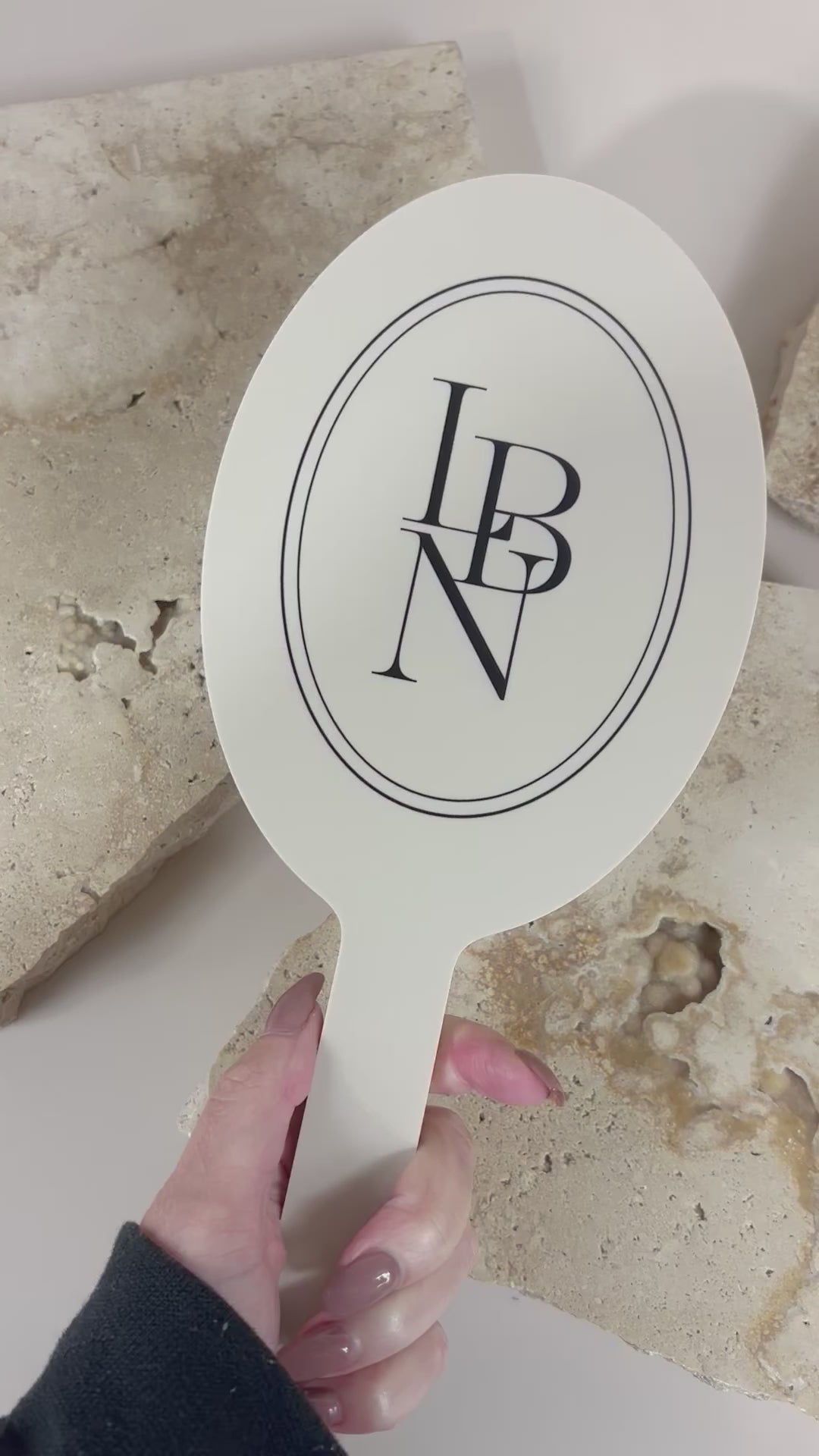 Video White oval salon mirror with LBN custom branding