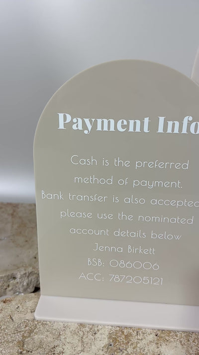 Beige acrylic drink menu and payment info display board. Video