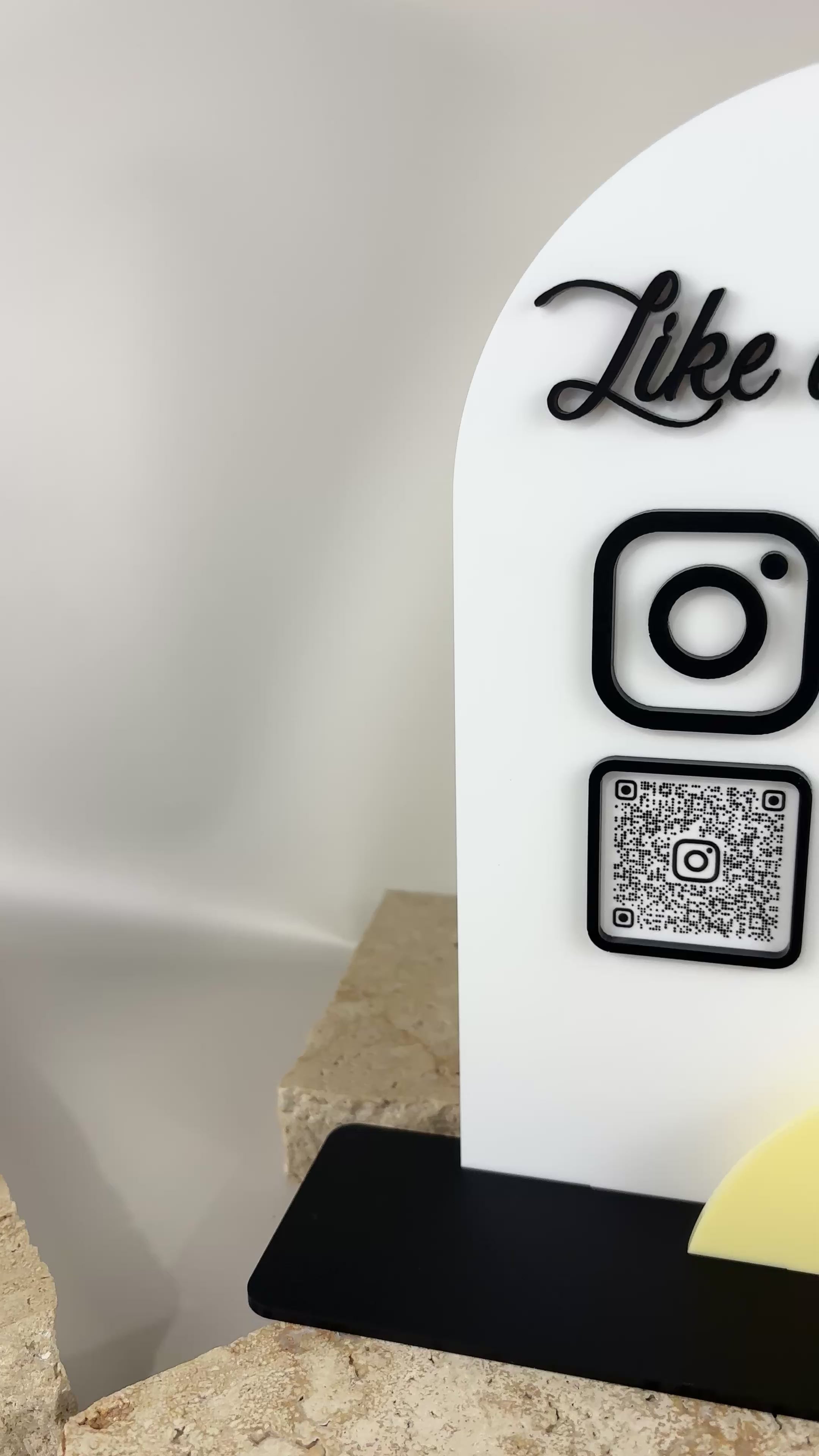 Personalised acrylic QR code social media display stand with Instagram and Facebook logos for salons, cafes and small business branding