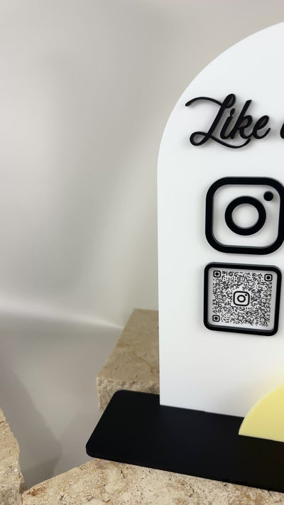 Personalised acrylic QR code social media display stand with Instagram and Facebook logos for salons, cafes and small business branding