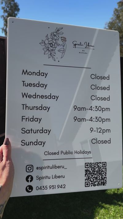 Acrylic business hours sign with custom trading times – durable shop and salon signage. Video 