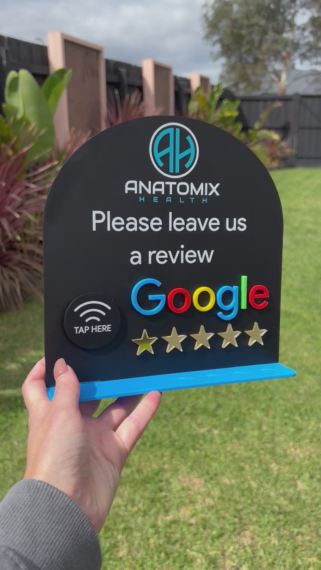 Video showing NFC tap to review Google sign in black – custom signage for Australian clinics