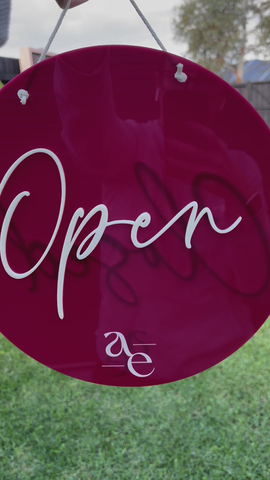 Round open sign for store entrance – custom acrylic hanging sign. Video 