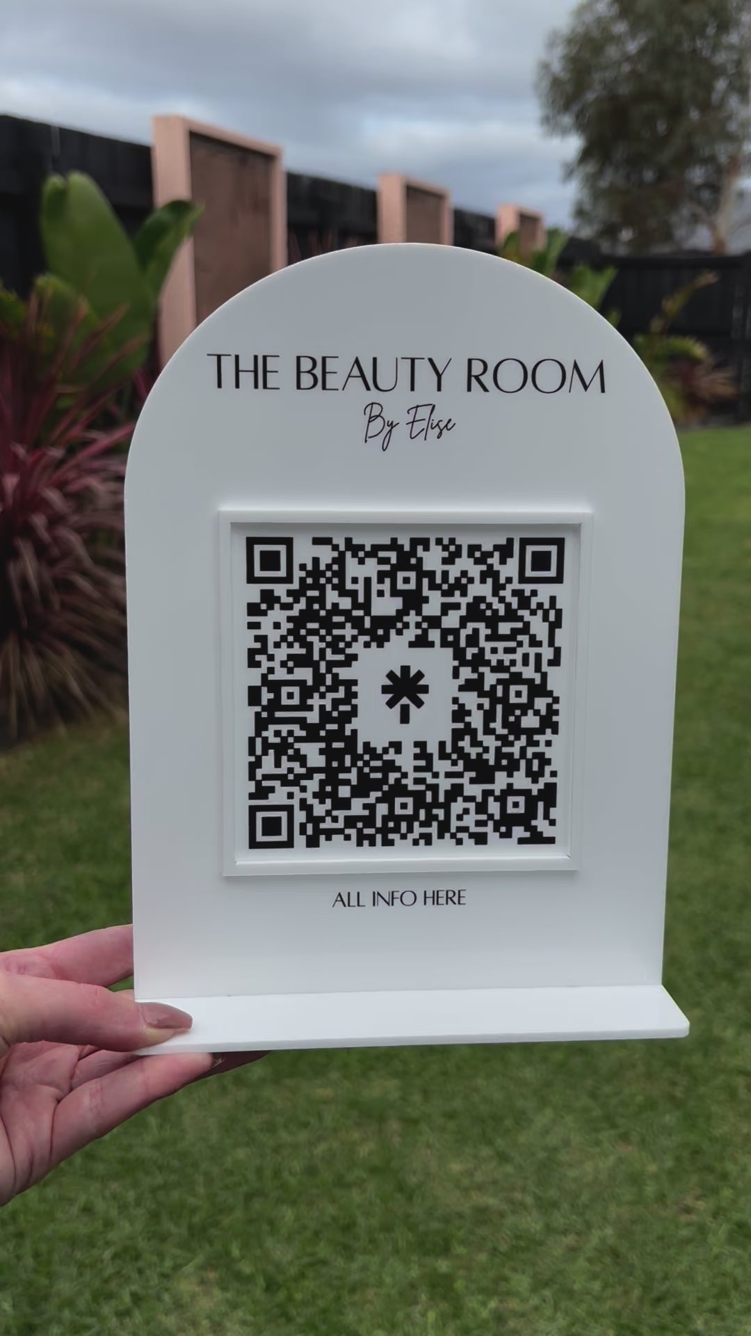 Freestanding QR code display sign for beauty room services