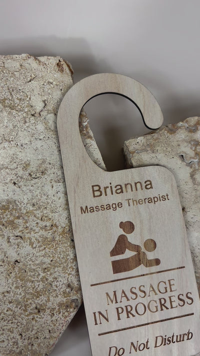 Personalised massage therapist door hanger sign with name – laser engraved salon and spa signage. Video 