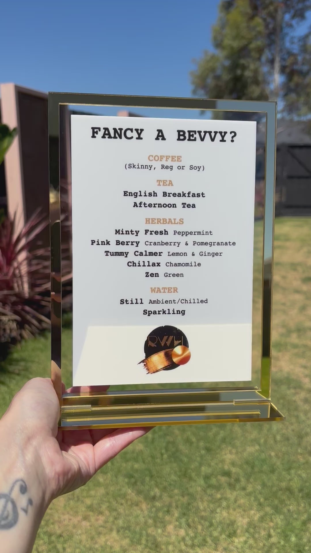 Wedding bar menu sign with signature cocktails and white background. Video 