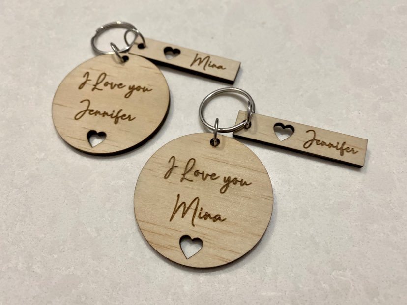 Round timber key ring with tags Laser Edge Designs LaserEdge Designs