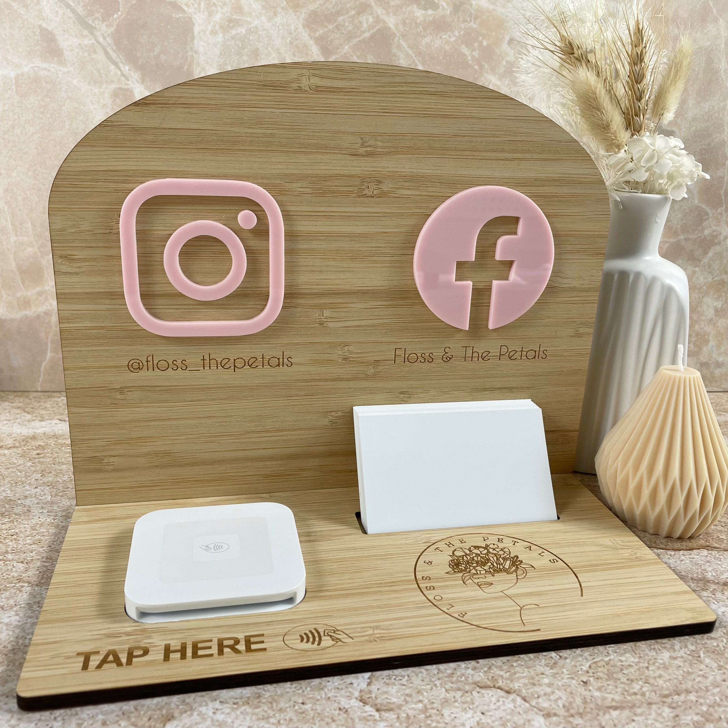 Wooden business station stand with engraved social media icons