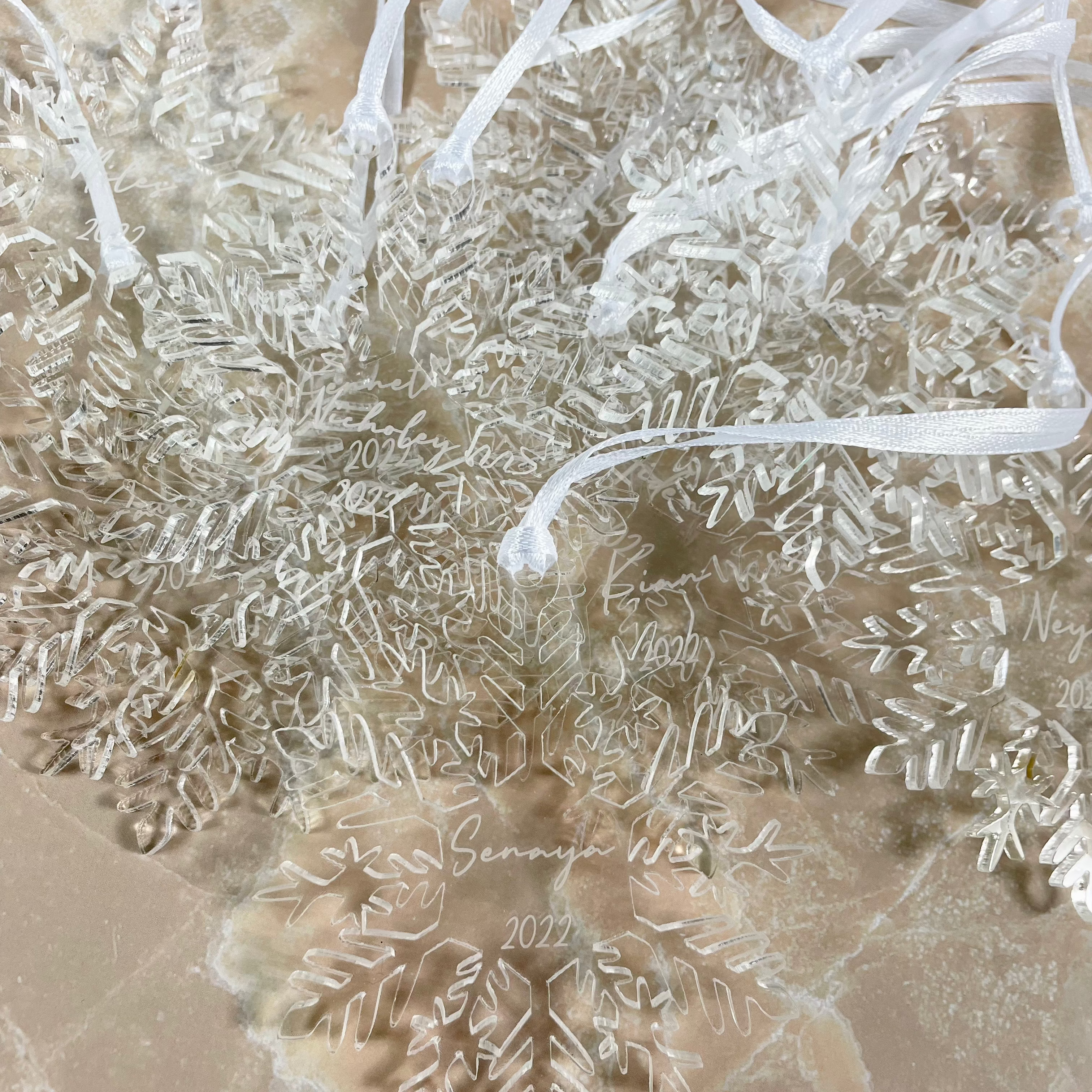 clear snow flake baubles 