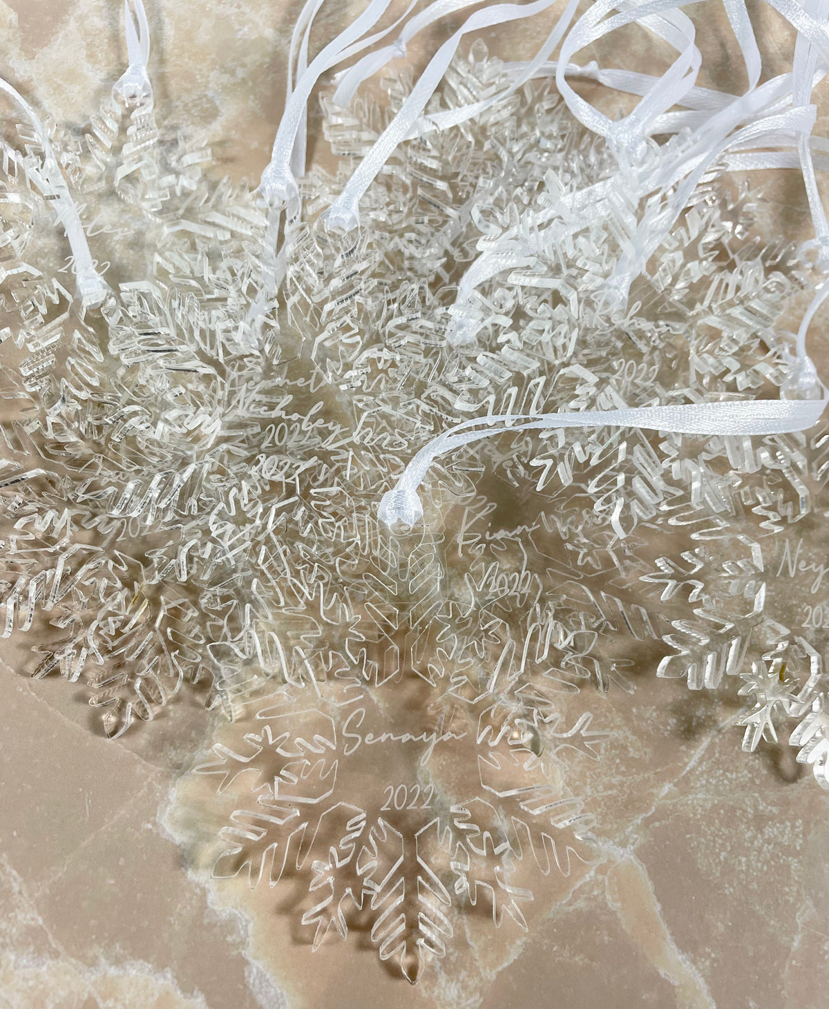 clear snow flake baubles 
