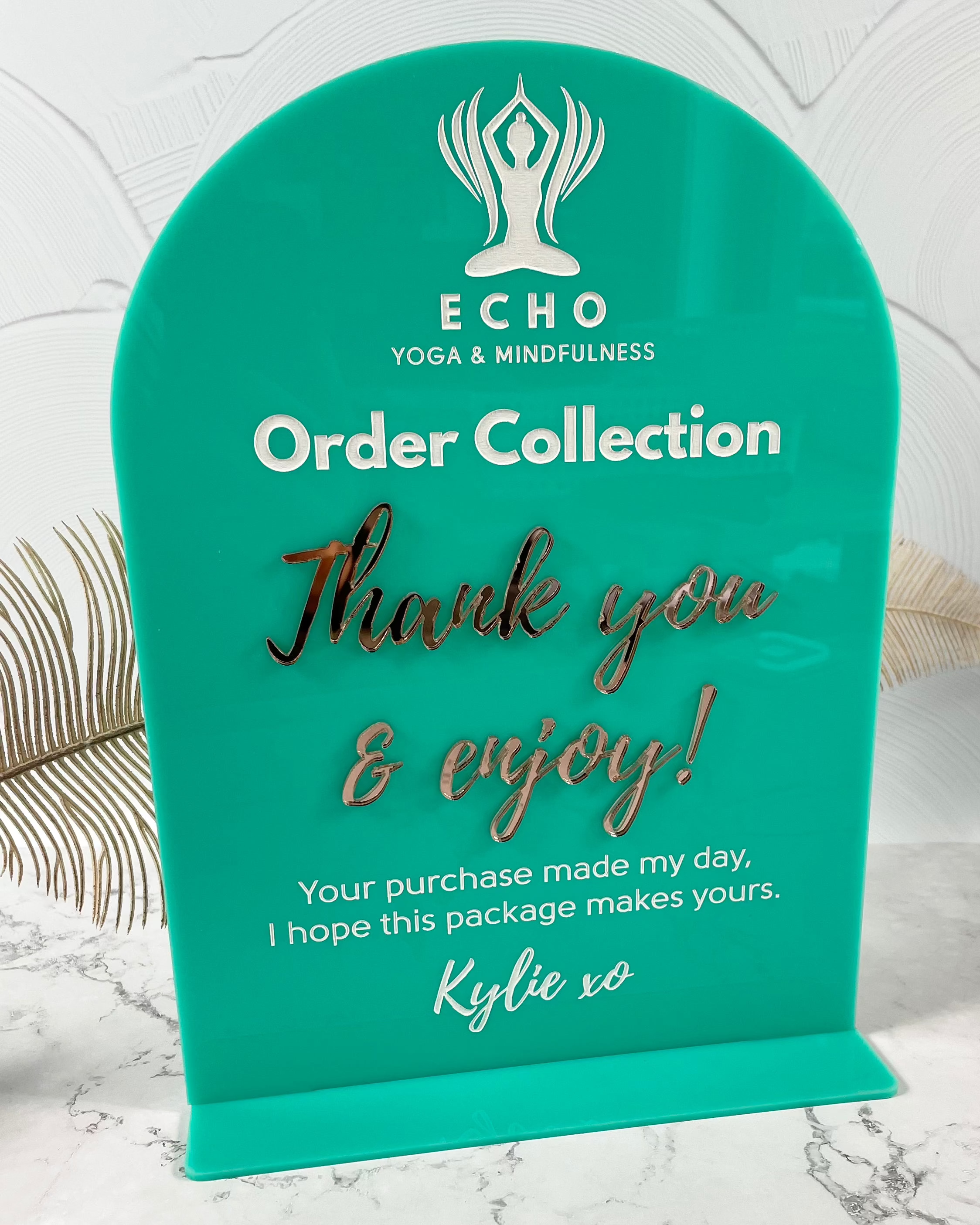 Green order collection acrylic stand with thank you message