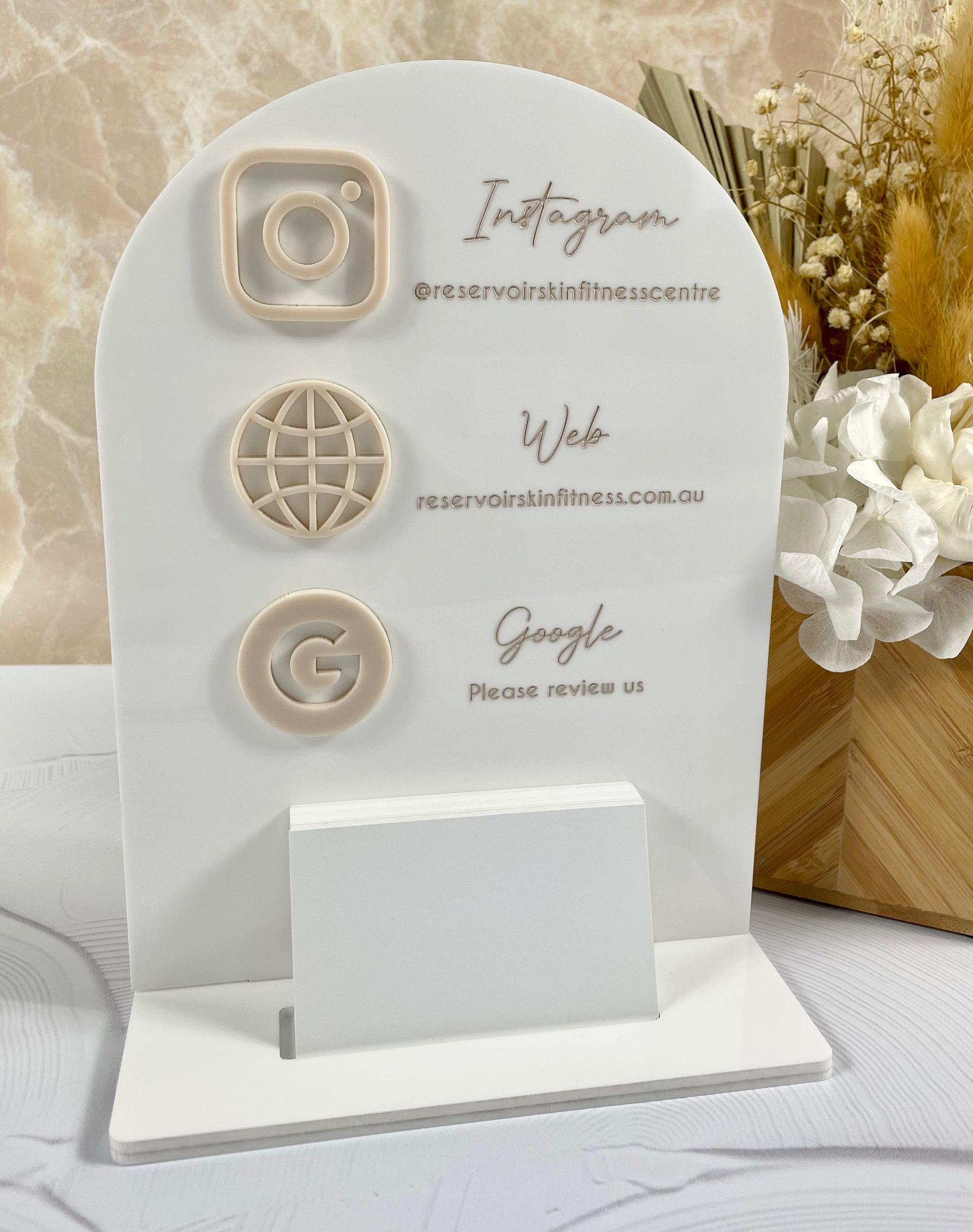 social media stand with card holder